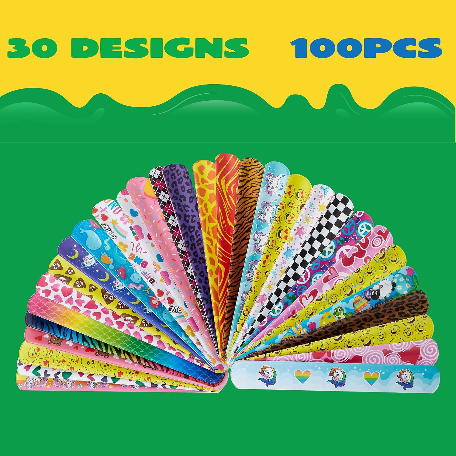 Detalle 2 de JOYIN Slap Band 100er Pack Slap-Armbänder mit 30 Designs (u. a. Einhorn, Herzen) – 22 cm