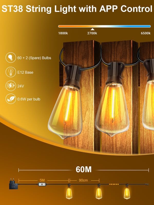 Detalle 2 de DREAMLAND ST38 Outdoor LED String Lights, 200 ft, Warm White, Shatterproof Bulbs