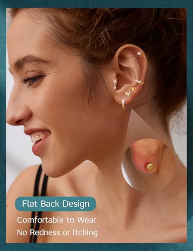 Detalle de ADRAMATA 15Pairs 14K Gold Plated Flat Back Earrings – Hypoallergenic Stainless Steel Stud & Hoop Set