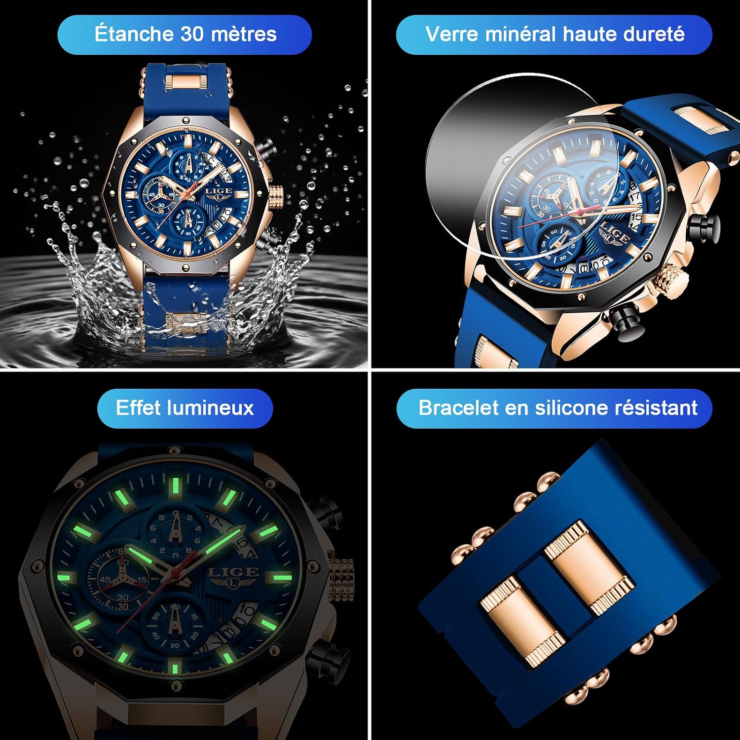 Thumbnail 5 de LIGE Montre Homme Vintage Chronographe – Or Rose Bleu, 3ATM