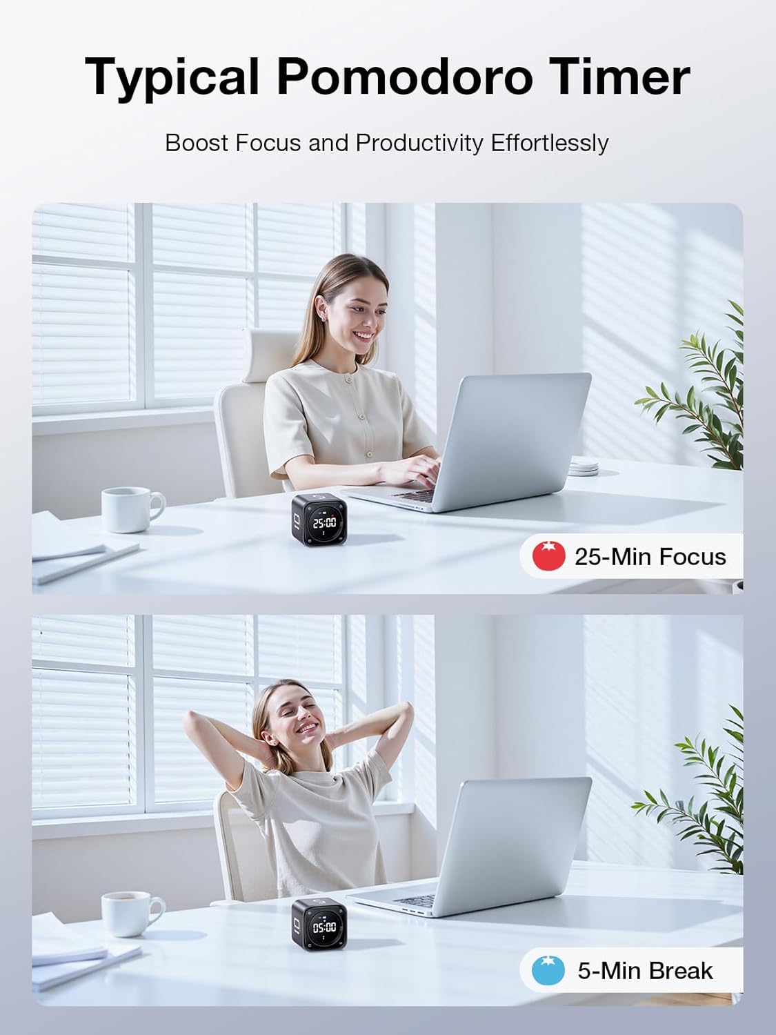 Detalle 2 de Ticktime TK3 Pomodoro Timer Cube (Desk Productivity Timer) with 5/10/30/60 Presets, Custom Countdown, Stopwatch, Clock & 3 Alarms