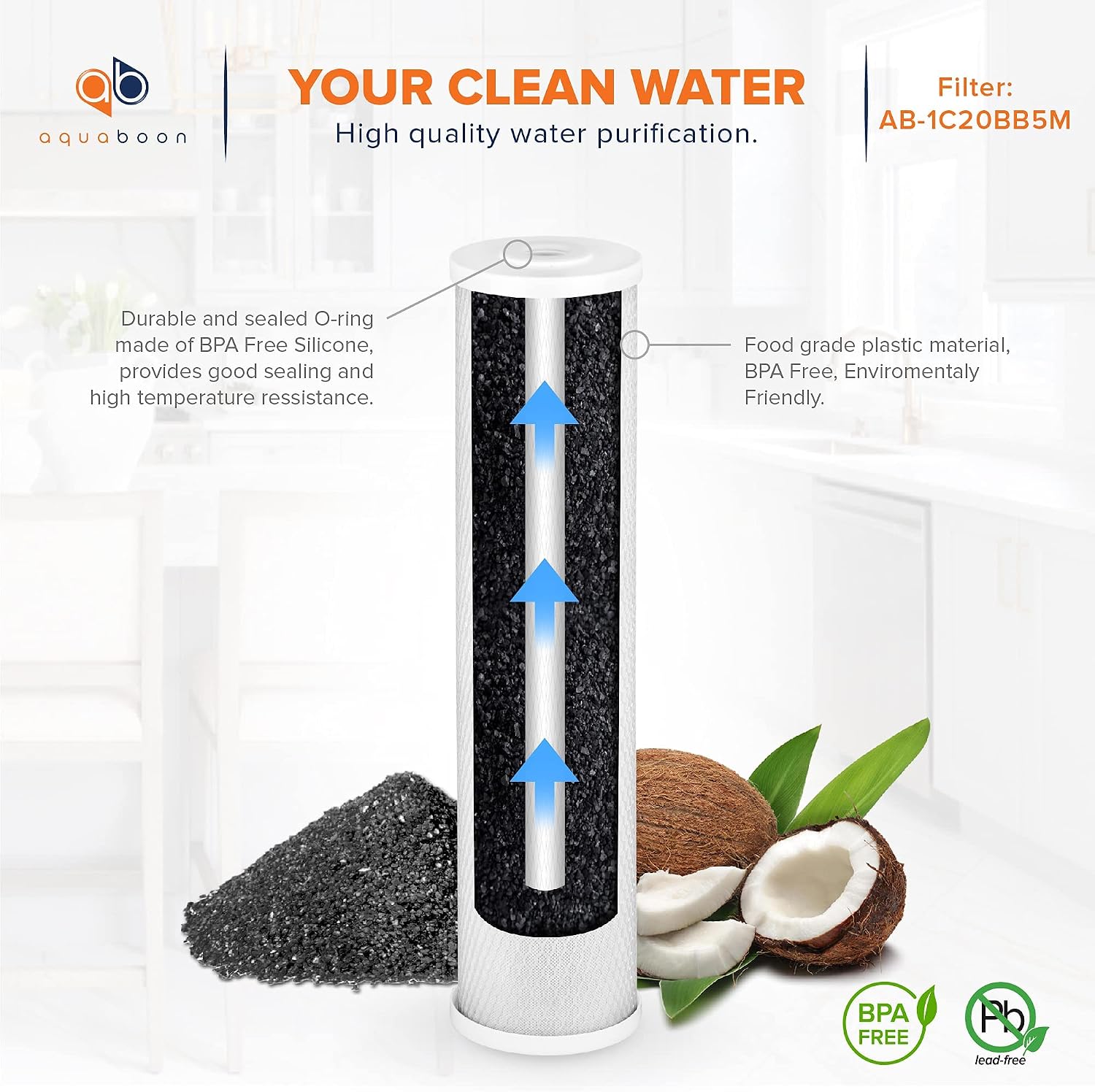 Detalle de Aquaboon 4.5 x 20 inch Carbon Filter Cartridge (5 Micron Coconut Shell CTO) – 2 Pack for Whole-House Water Filtration