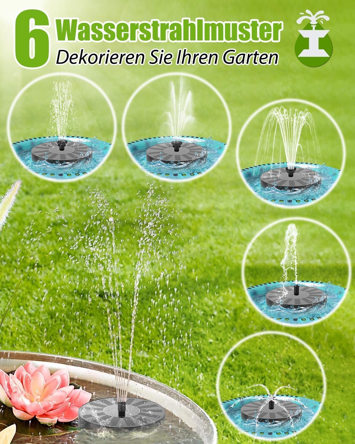 HAZENS Solar Springbrunnen für Außen – 6 Sprüheffekte, kraftvoll durch Sonnenenergie