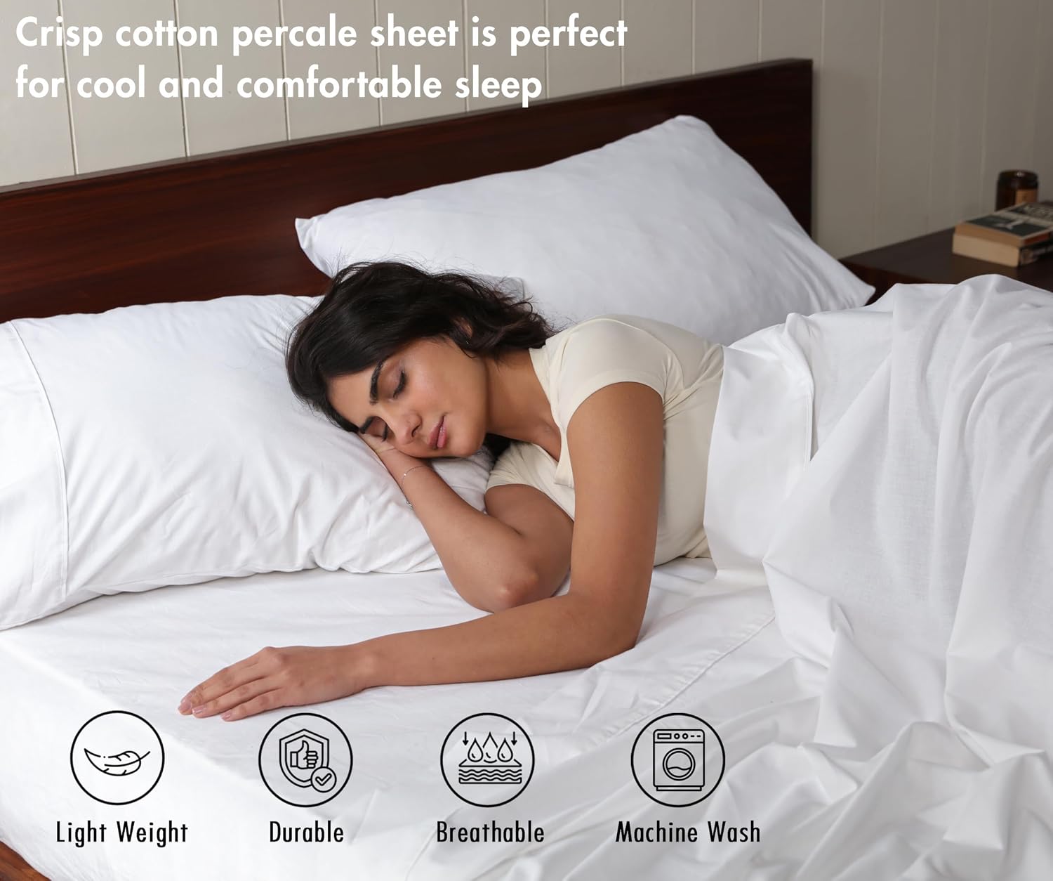 Detalle de RUVANTI 100% Cotton Percale Sheets – Queen, Bright White with Peach Finish