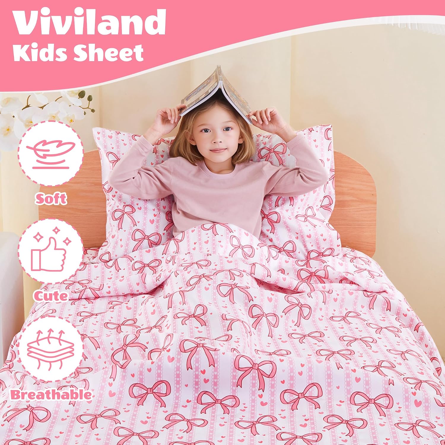 Thumbnail 1 de Viviland VLKDSHT-PB-T Twin Sheet Set, Pink Bow Microfiber, Deep Pocket