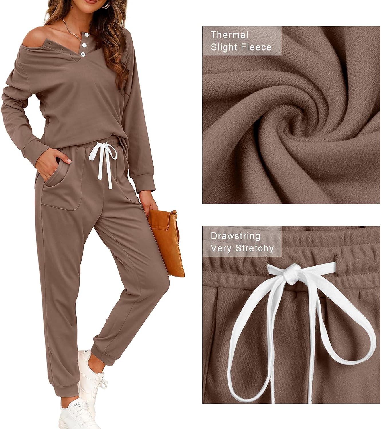Thumbnail 3 de WIHOLL Two-Piece Lounge Set for Women: Button-Down Henley Sweatshirt & Drawstring Sweatpants