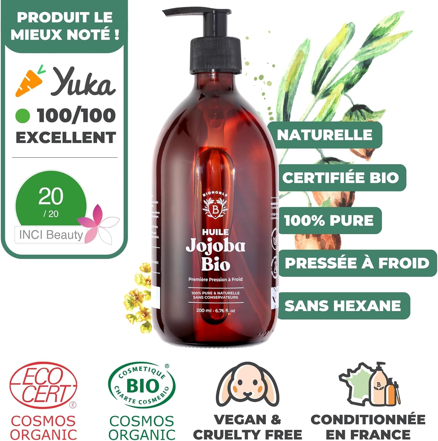 Detalle de BIONOBLE Huile de Jojoba Bio Pressée à Froid 100% Pure – Équilibre le Sébum, Adoucit, Anti-Acné