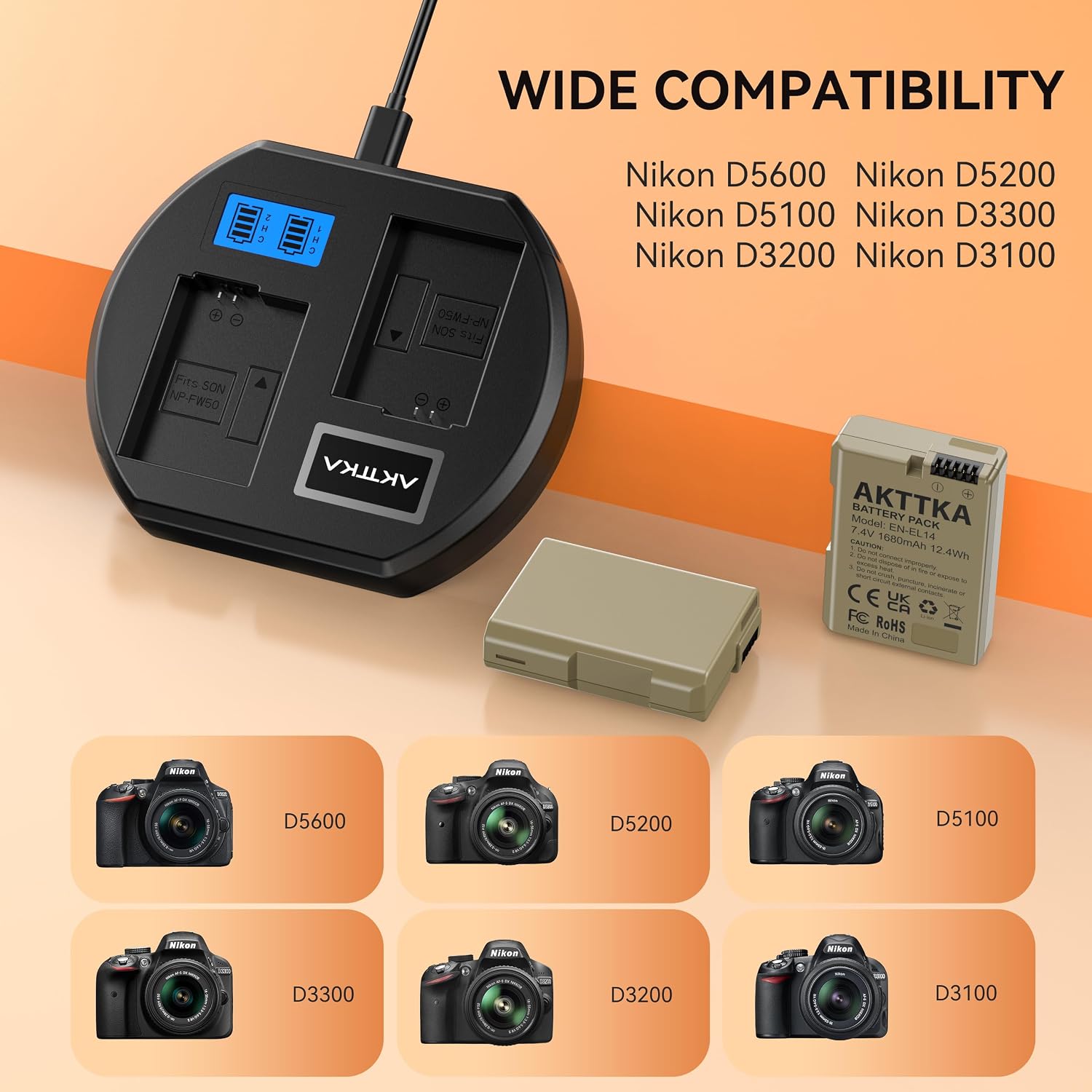 Detalle 2 de AKTTKA EN-EL14 Battery 1680mAh 2-Pack & Caricatore PD10W Rotondo per Nikon DSLR (D3100–Df)