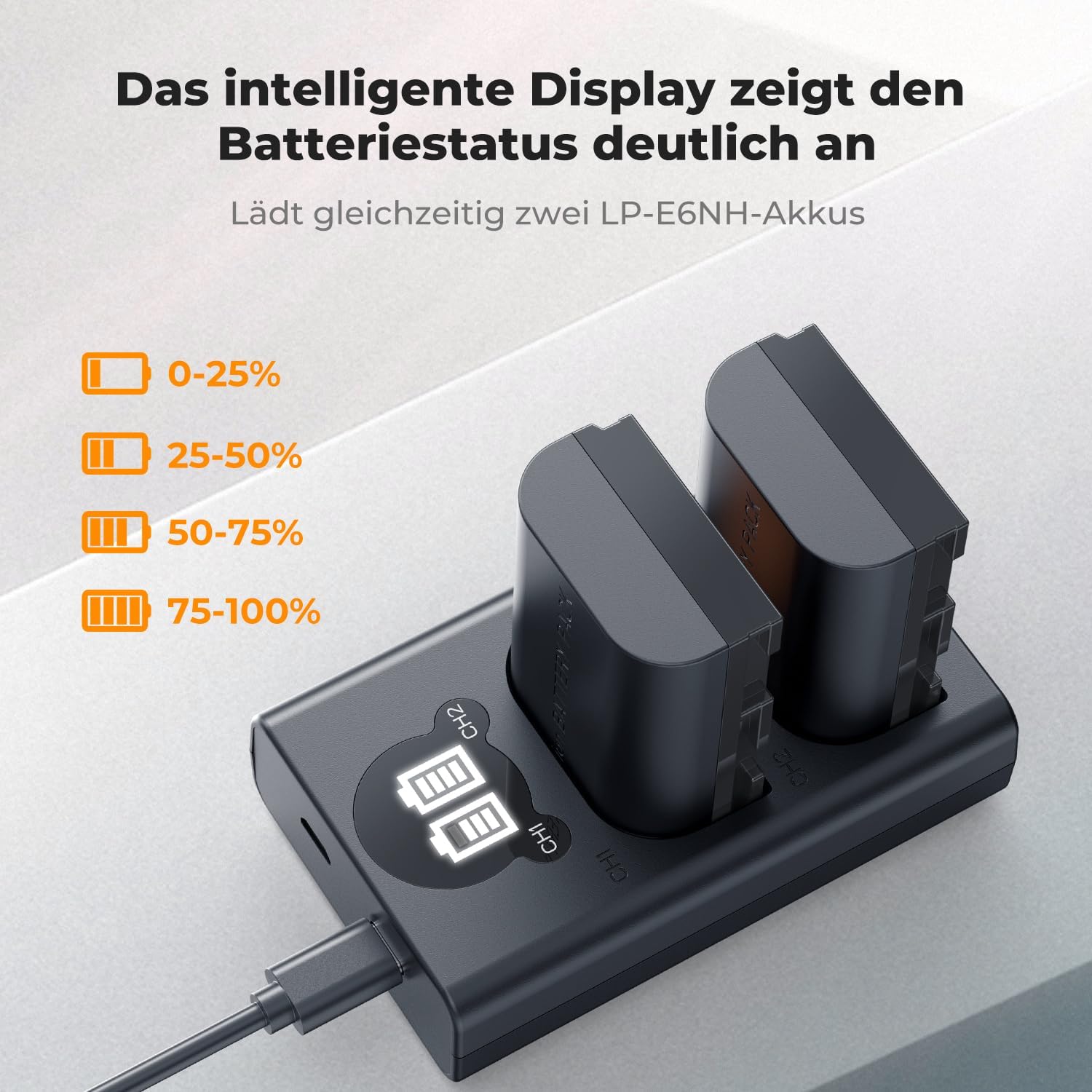 Detalle de K&F CONCEPT LP-E6NH Akku-Set (2 × 2600 mAh) mit Ladegerät – kompatibel mit Canon EOS R/R5/R6/R7 und mehr