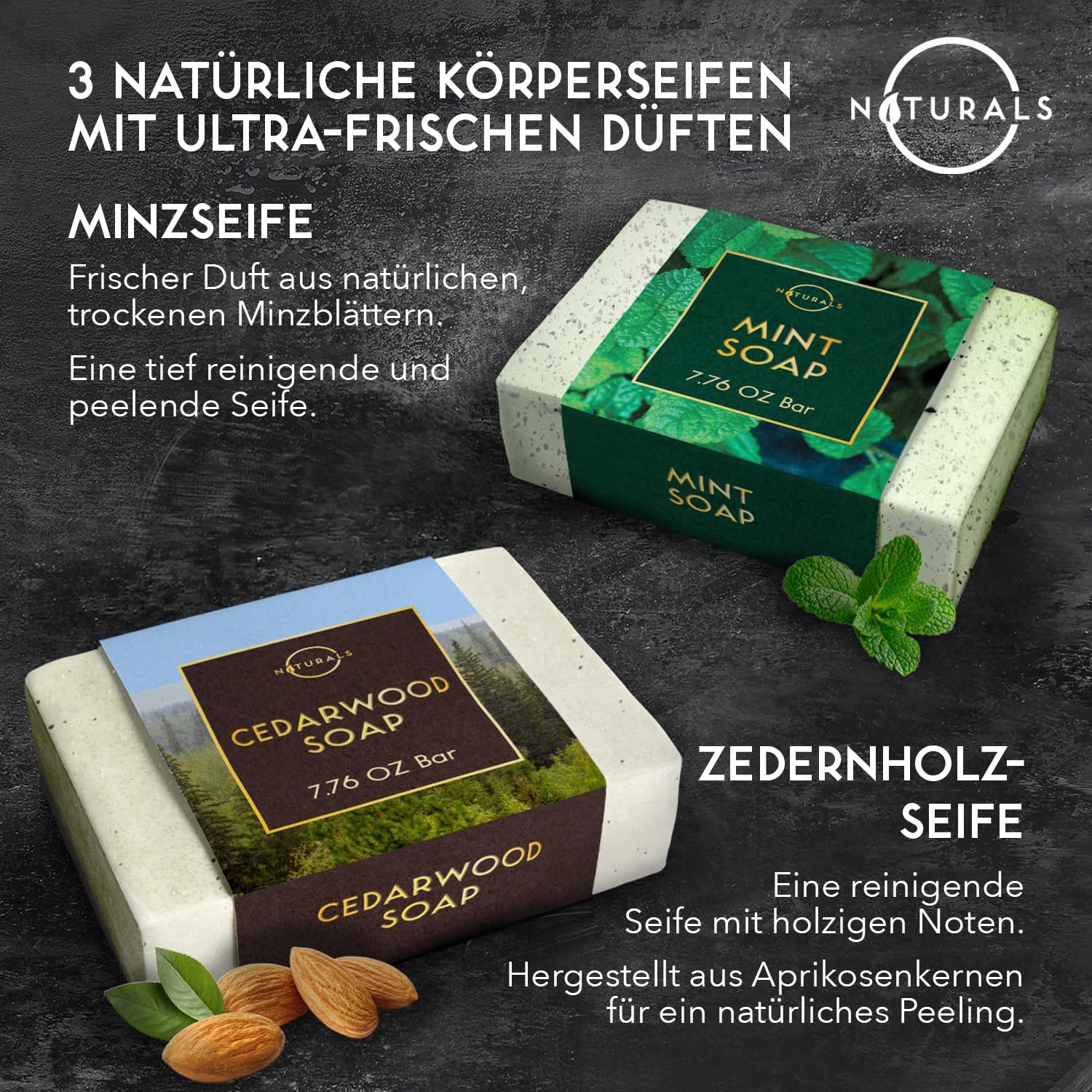 Detalle de O Naturals Seife für Männer (afrikanische Schwarze, Zedernholz, Minze) – 3er Set, 7.7 oz