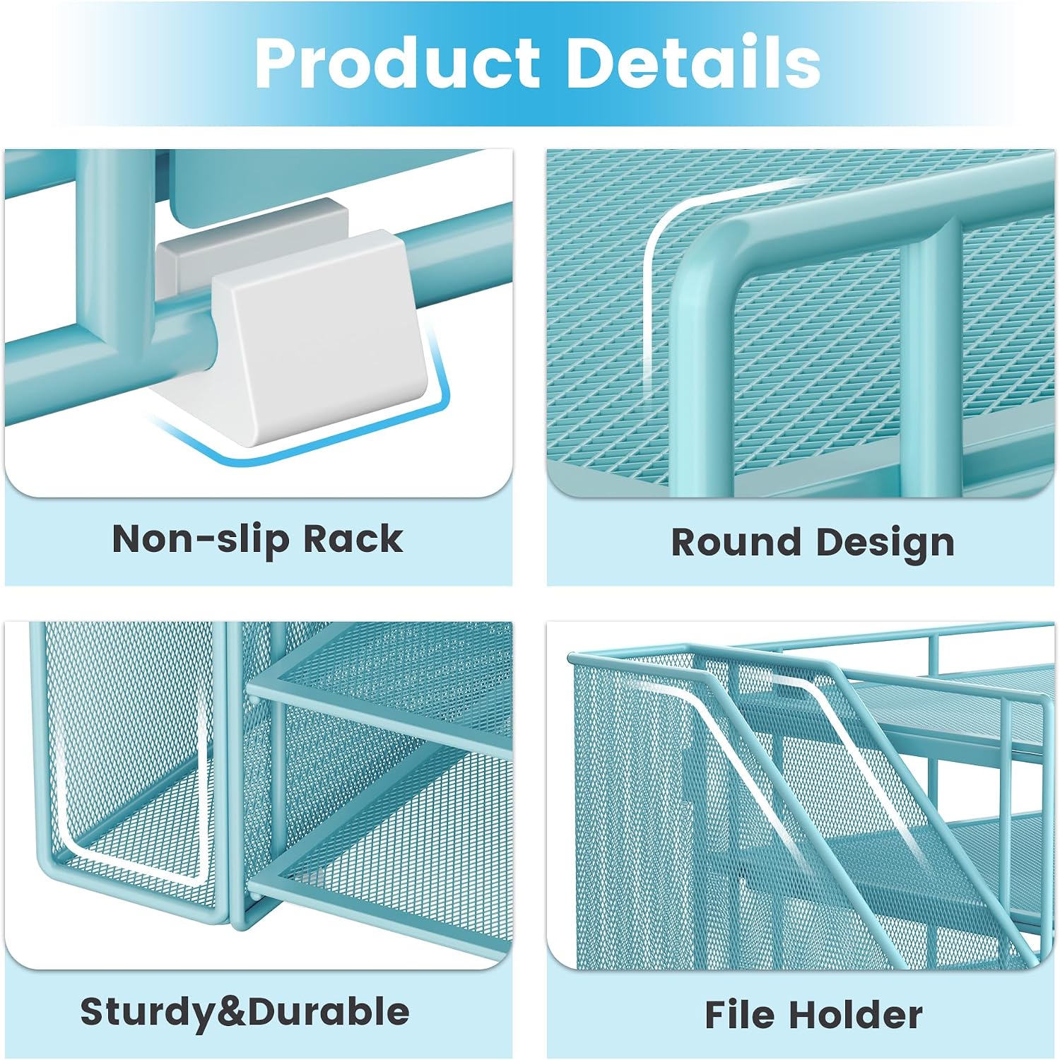 Detalle 2 de SUBEKYU Office Paper Organizer with File Holder, 4-Tier Metal Mesh Desk Organiser, Blue