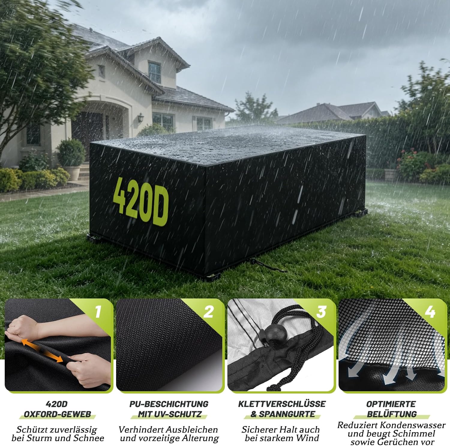 Detalle de Aipwerer Abdeckung Gartenmöbel Wasserdicht – 213x132x72 cm, Schwarz, 420D Schutzhülle