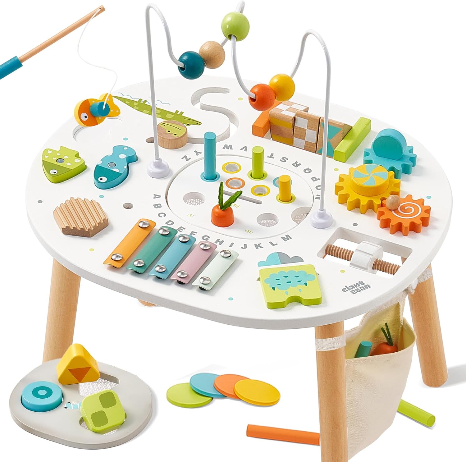 Detalle de Giant bean Holz Aktivitätstisch für Kinder 1+ – 11-in-1 Lerntisch mit Motorik-Spielen
