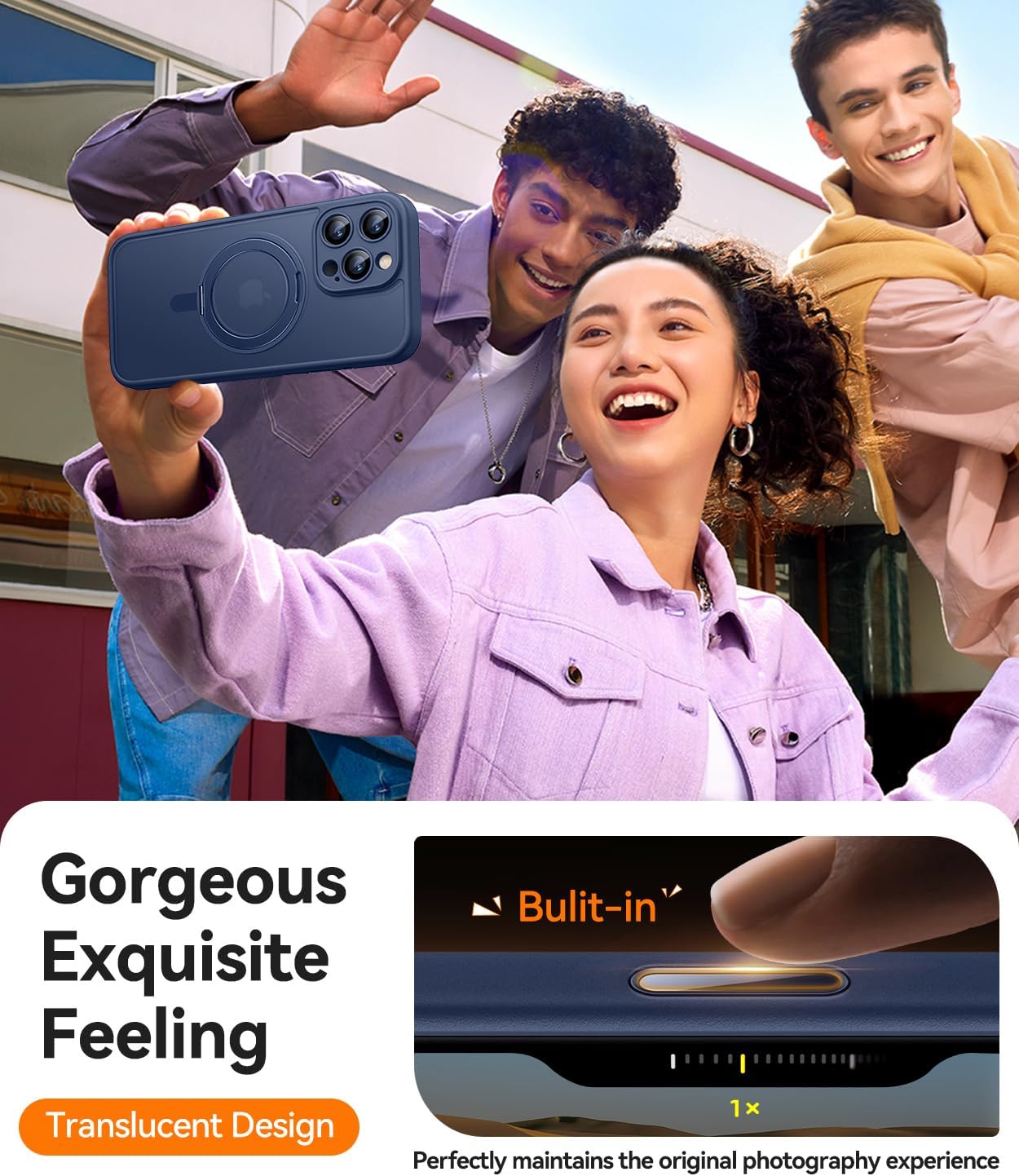 Detalle de CANSHN 360° Ständer für iPhone 16 Pro Max Hülle mit Kameraschutz und MagSafe – matt Dunkelblau