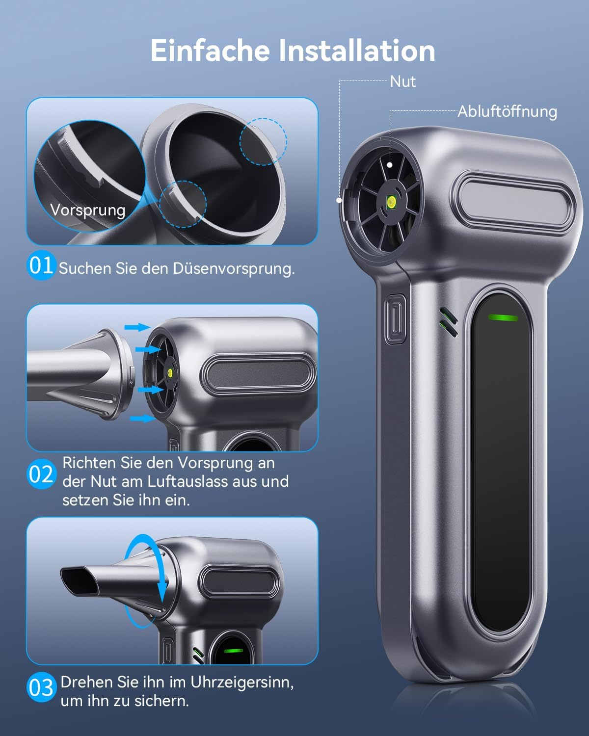 Thumbnail 3 de orantronx Elektrische Staubgebläse (Air Duster) mit 200.000 U/Min, 4 Geschwindigkeiten & LED – Akku-Druckluft für PC, Tastatur, Auto