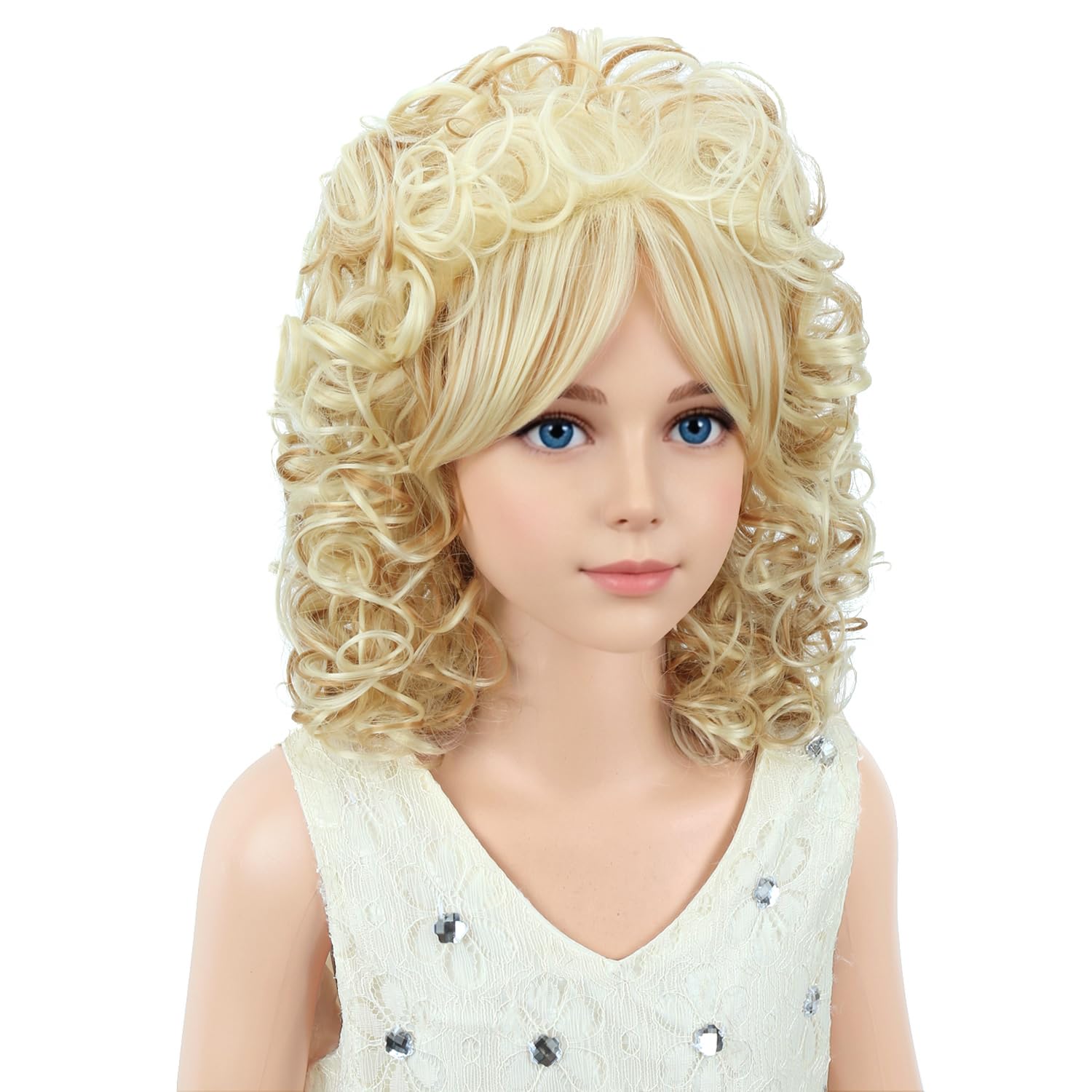 Detalle 2 de PATTNIUM Ash Blonde Curly Wig with Bangs for Kids, 14-Inch Synthetic Hair