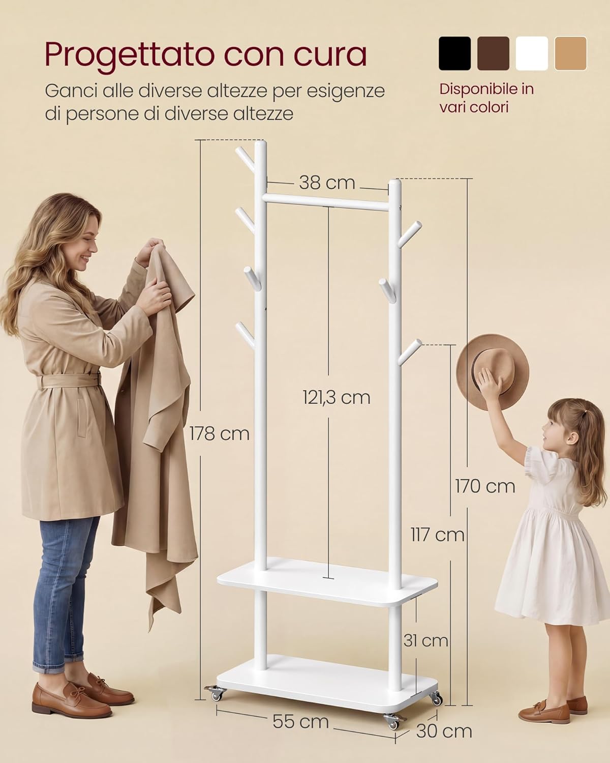 Detalle 2 de VASAGLE Attaccapanni da Terra con 7 Ganci e 2 Ripiani, Bianco Nuvola – modello RCR053WH01