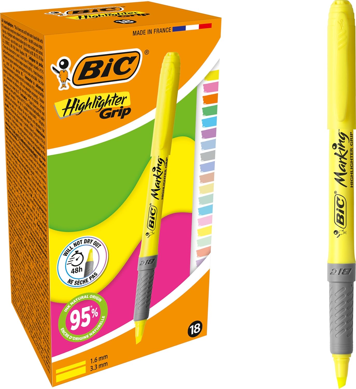 PENNE Evidenziatori BIC Highlighter Grip Pastello e Neon – con Punta a scalpello, confezione da 18 colori assortiti