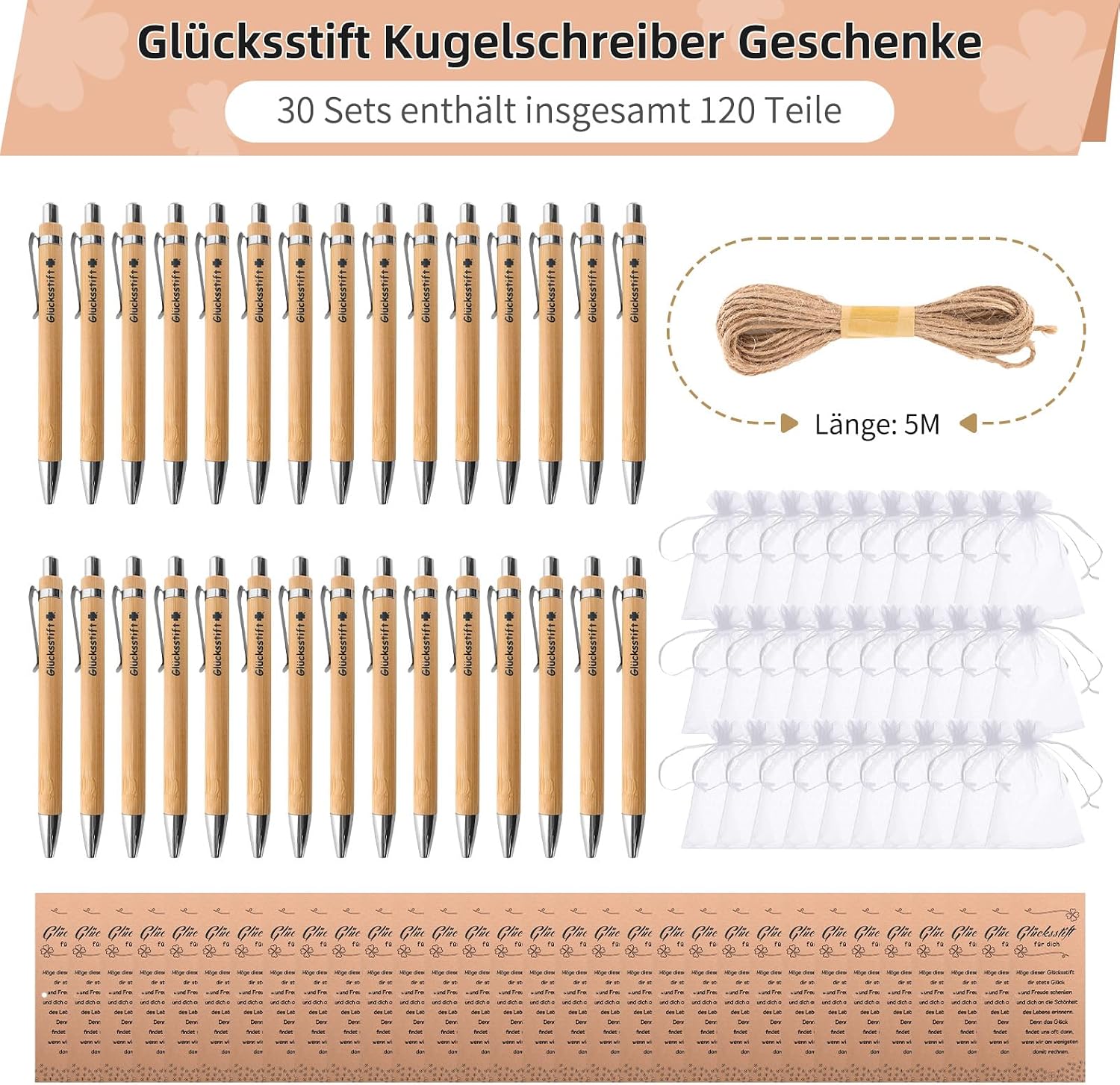 Detalle de GADITIEK 30 Sets Gastgeschenke zur Hochzeit – Glücksstifte aus Holz mit „Lucky Pen“, Organza-Beuteln & Grußkarten