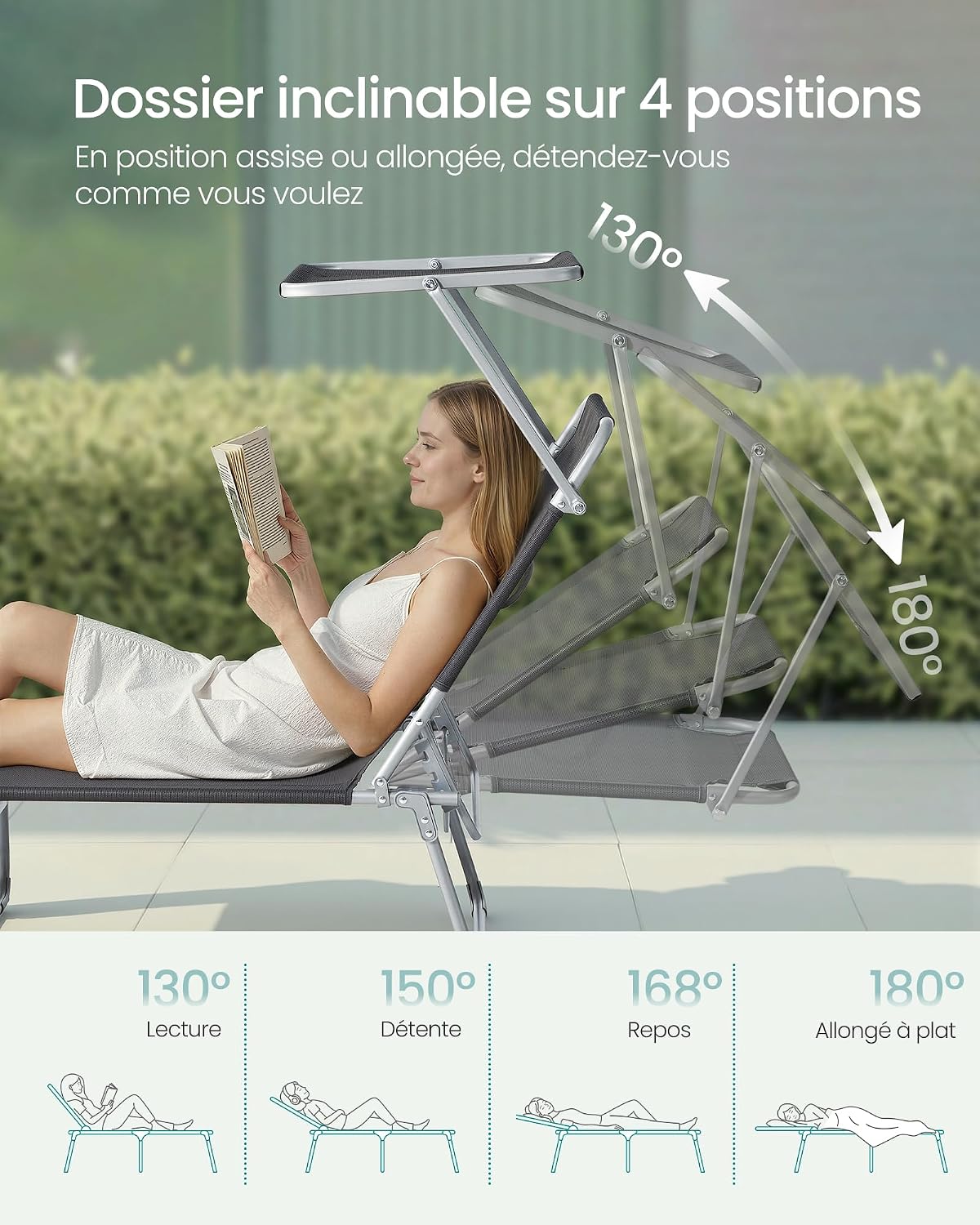 Thumbnail 4 de SONGMICS Chaise Longue Pliante 189 x 53 x 28,5 cm avec pare-soleil et dossier réglables (gris) GCB194GZ02