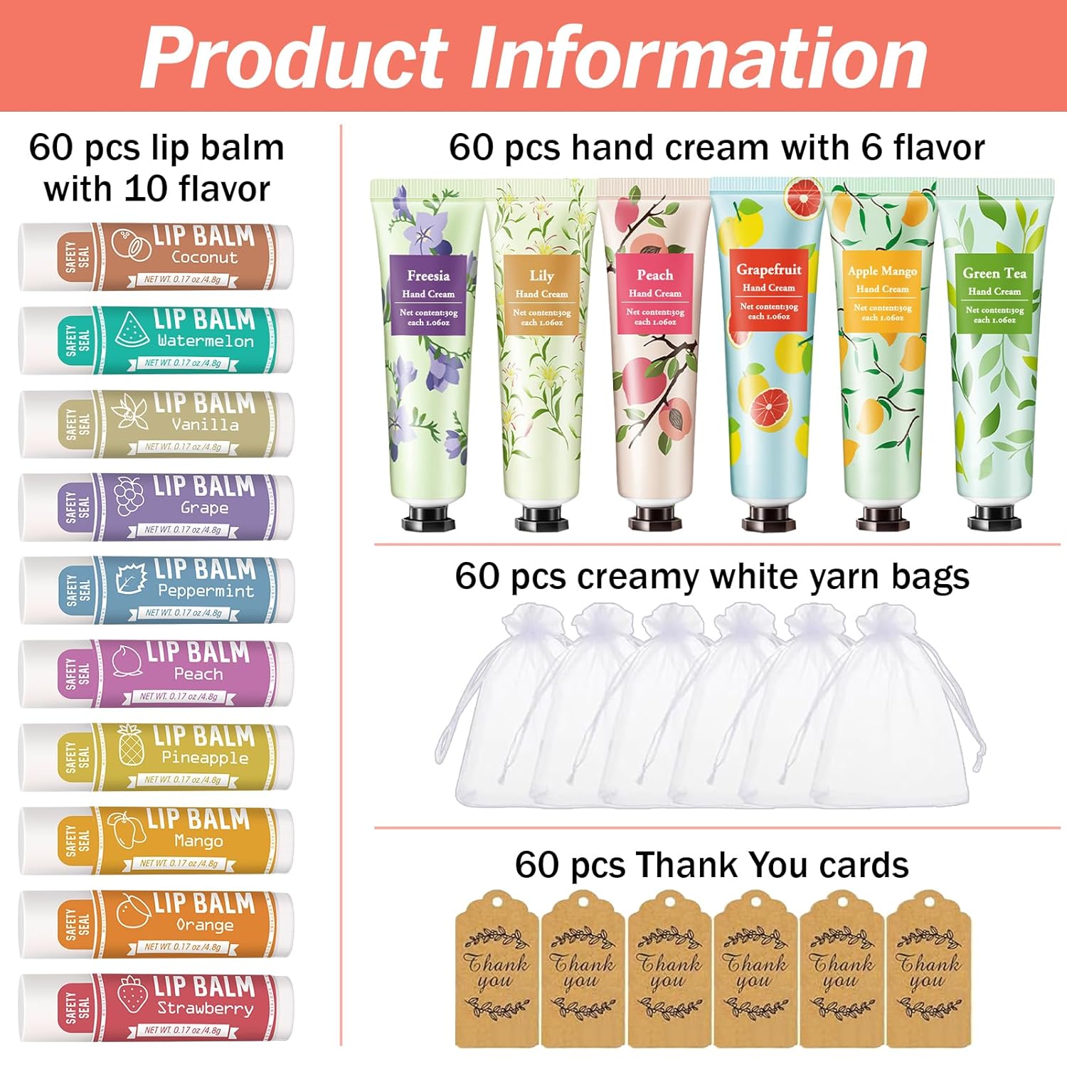 Thumbnail 1 de AZEN 60 Sets Bulk Hand Cream and Lip Balm Gift Set with Organza Bags and Thank-You Labels