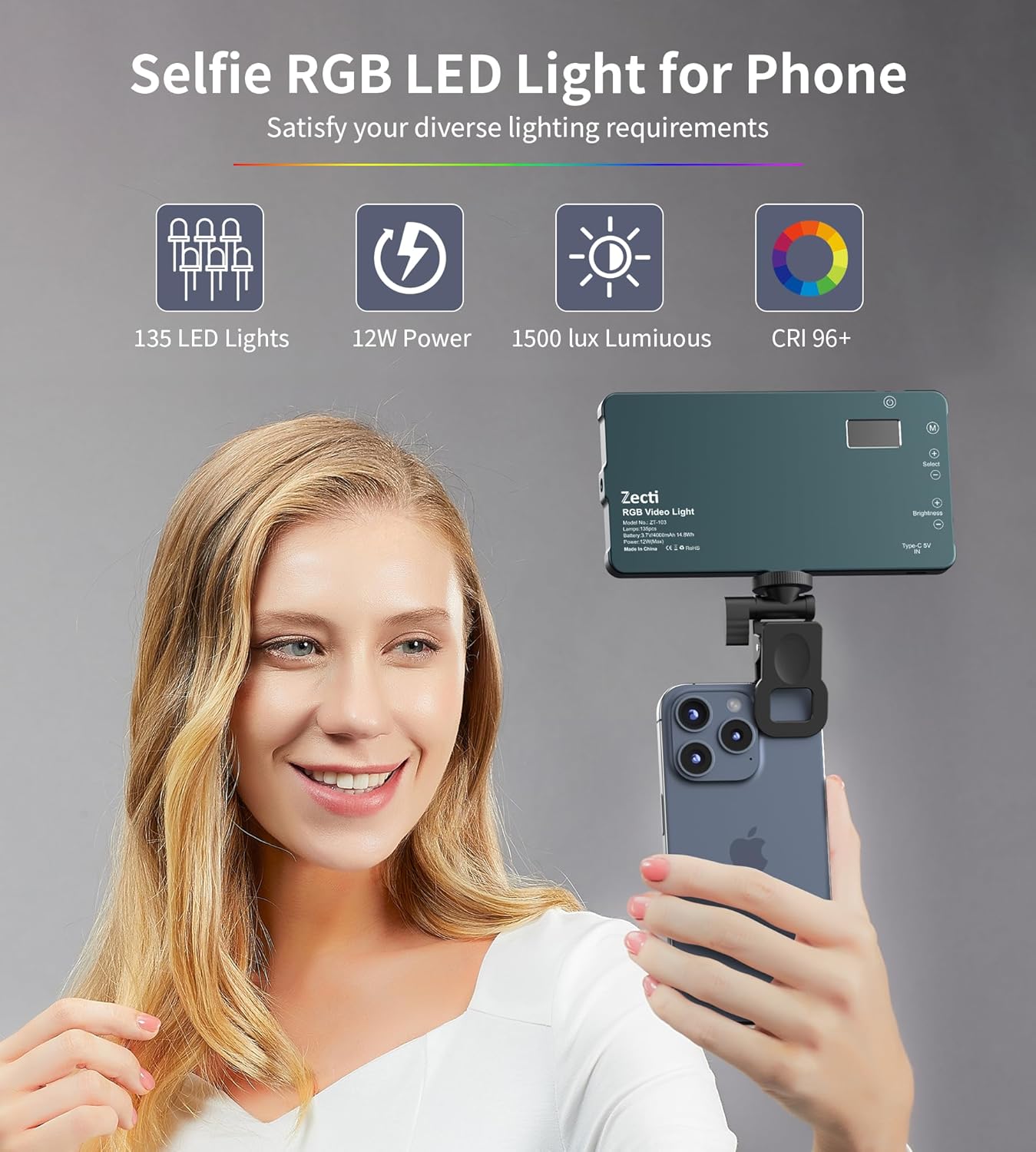 Detalle de Selfie Camera Phone Light with Metal Hotshoe & Clip (135 LED, CRI 96+, 2500K–9900K) for iPhone, TikTok Live & Video Calls