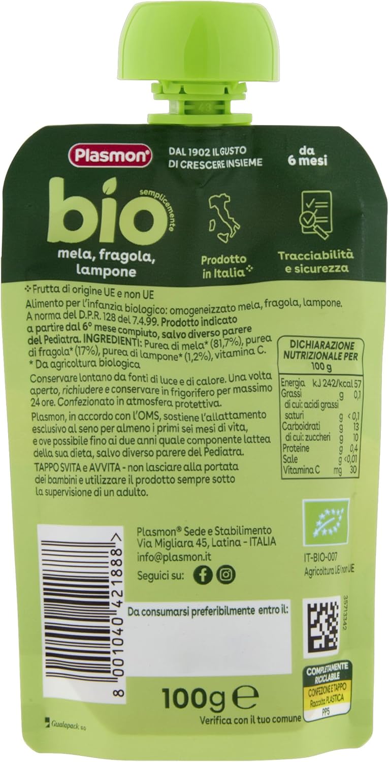 Thumbnail 1 de Plasmon BIO Pouch Mela Fragola Lampone 100g (6 pezzi) – the BIO fruit puree snack