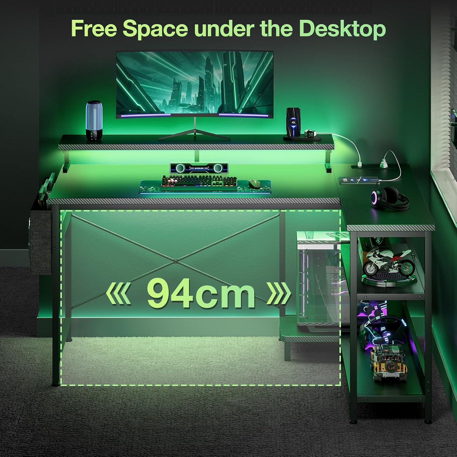 Thumbnail 5 de Coleshome L Shaped Gaming Desk with LED Lights (120 × 80 cm) – Carbon Fibre Black