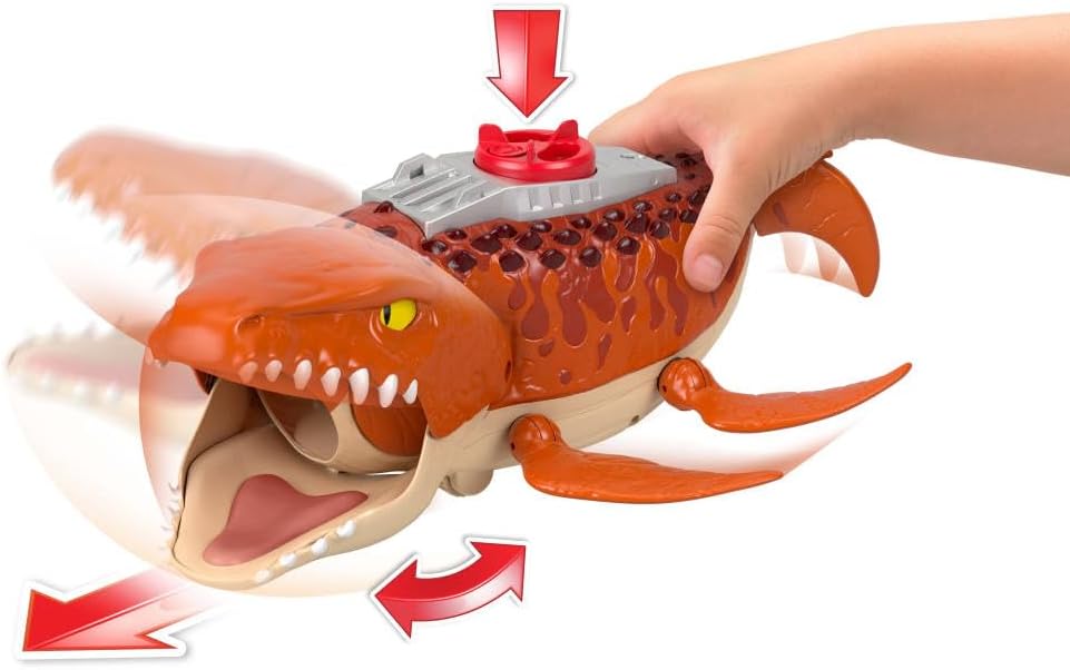 Detalle de Fisher-Price Imaginext Jurassic World Rebirth Aquachomp Mosasaurus playset (18-inch) with 3-inch action figure, launcher boat & projectiles