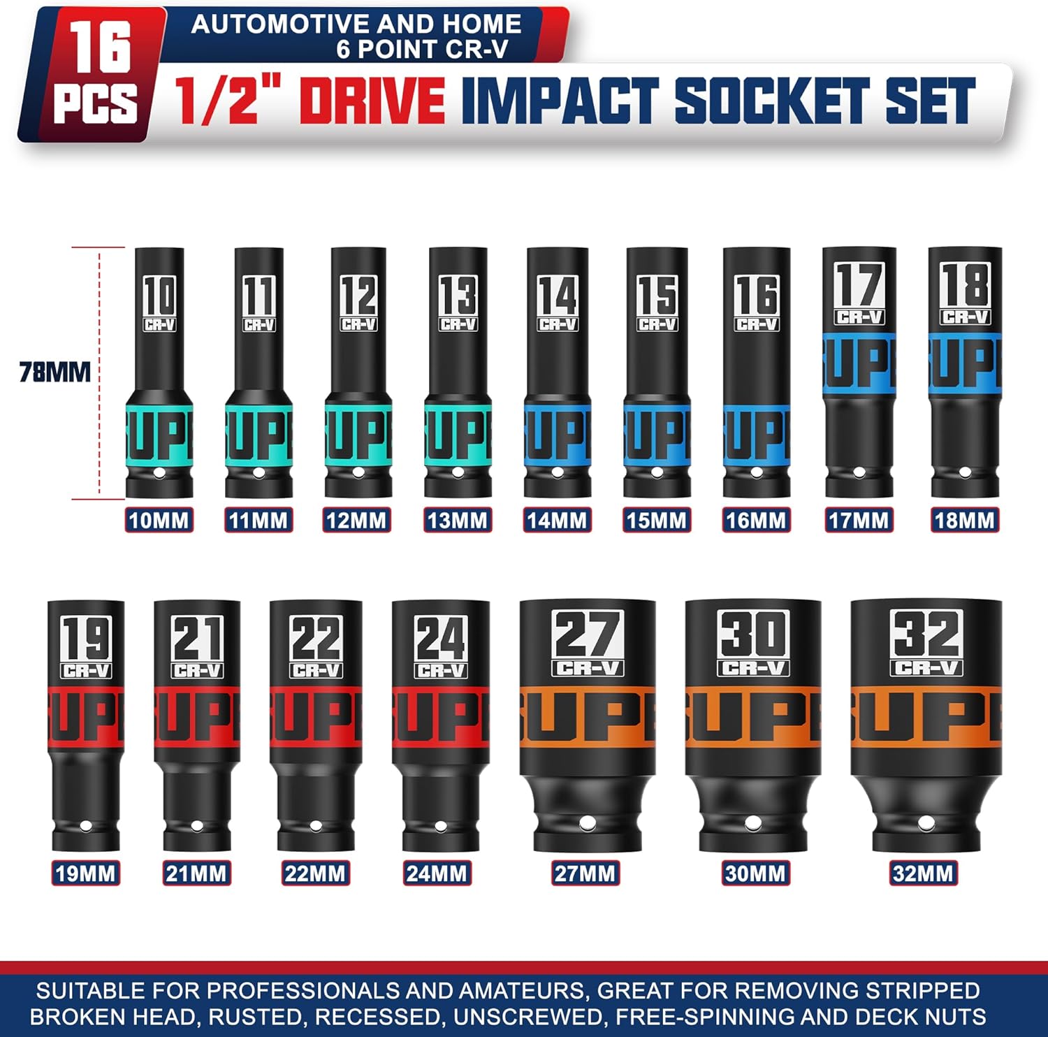 Thumbnail 1 de KIRXST 16-Piece 1/2" Drive Metric Impact Socket Set (10–32 mm) — Thick Extra-Deep, 6-Point Cr-V