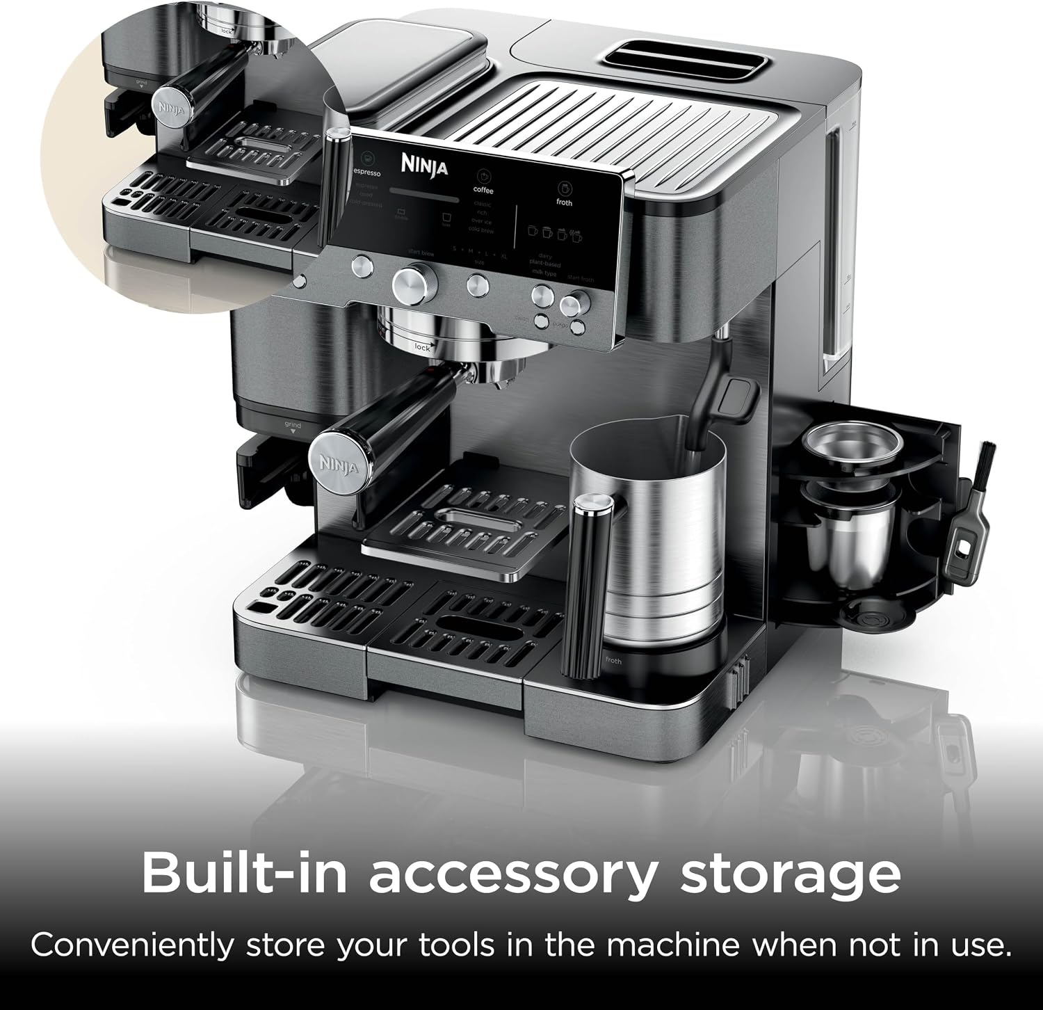 Detalle de Ninja Luxe Premier 3-in-1 Coffee Machine (Gun Metal ES601UKGM) with built-in grinder and milk frother