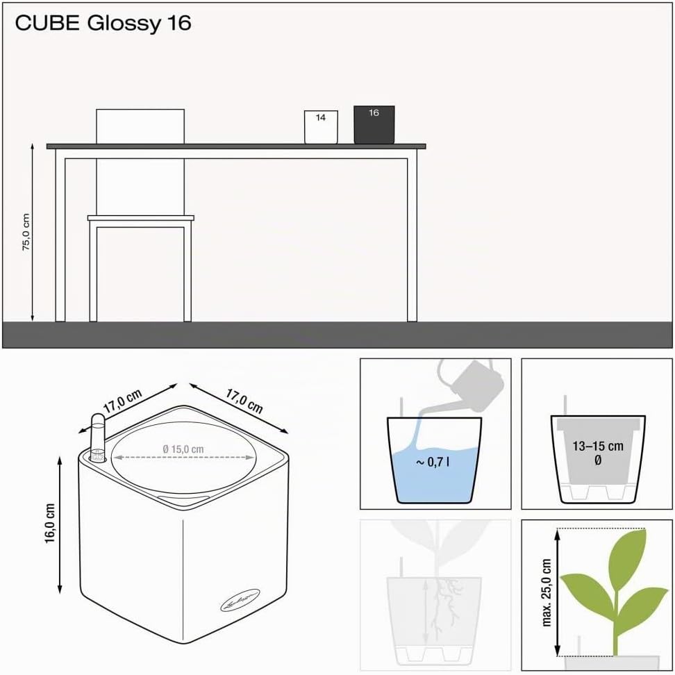 Detalle de LECHUZA CUBE Glossy 16 Rosso Scarlatto High Gloss 13522: stile e irrigazione integrata per piante da interno
