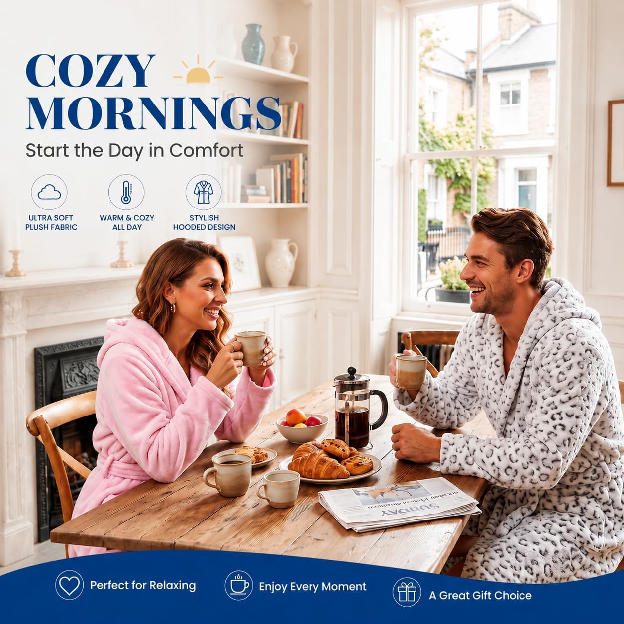 Detalle de RONGTAI Plush Fleece Hooded Bathrobe for Women – 300GSM Thick Flannel, Pockets, Mid-Calf Length