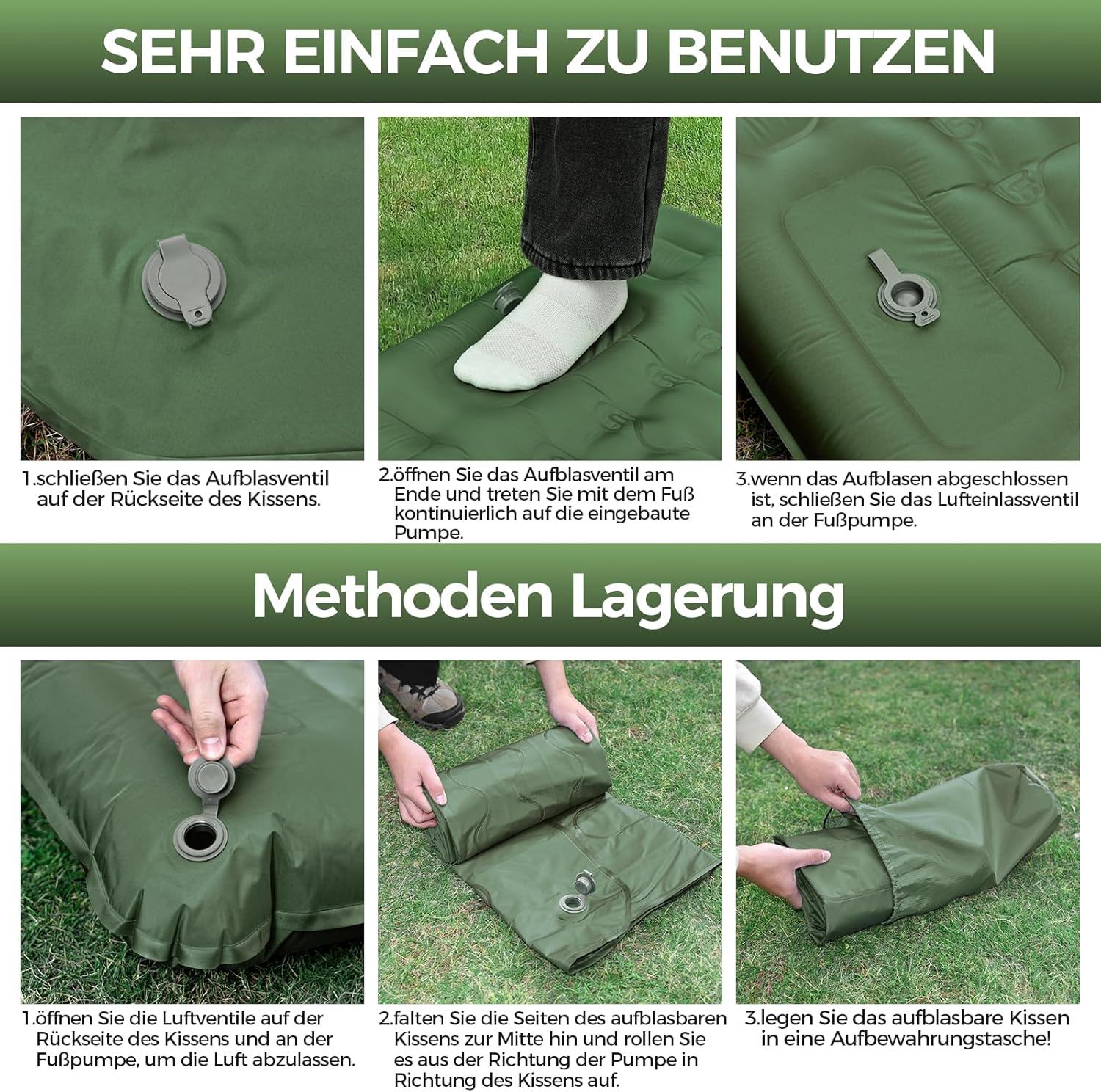 Detalle de NAPASA Isomatte Camping 14 cm – Verdickte, wasserfeste Luftmatratze mit integrierter Fußpumpe und Kissen (Grün)