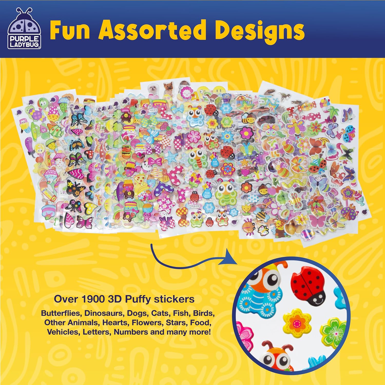 Detalle 2 de PURPLE LADYBUG 2000 PCS 3D Puffy Stickers for Kids 🎨