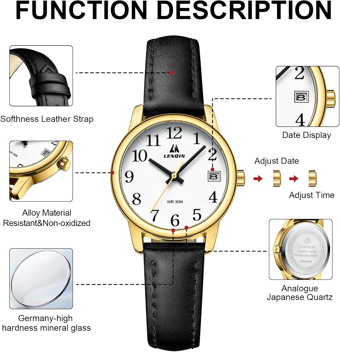 Thumbnail 6 de LN LENQIN Damenarmbanduhr – Analoge Quarzuhr mit Lederarmband, 3 ATM