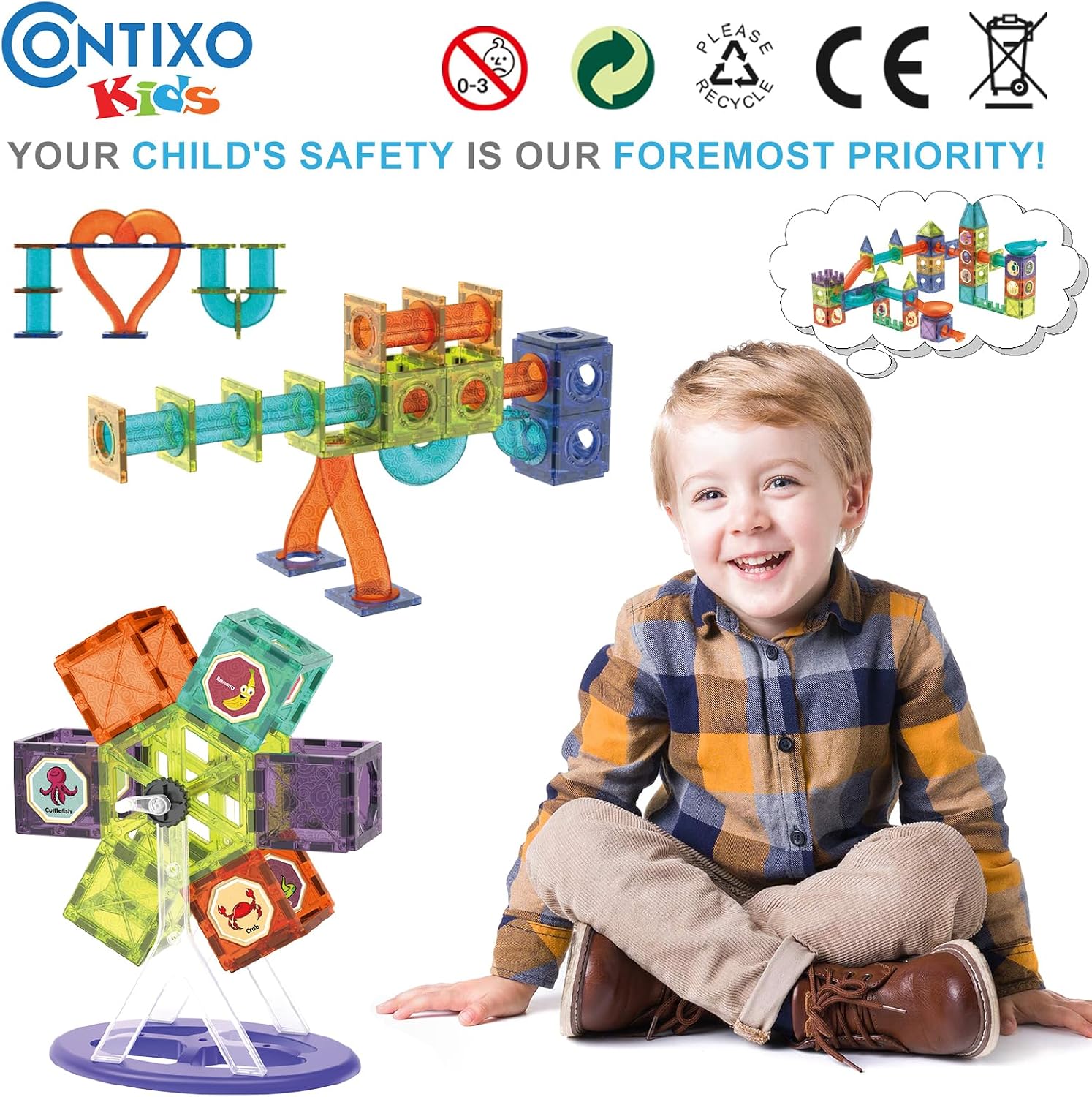 Detalle de Contixo STEM Building Toys - 110 Pcs Marble 3D Magnetic Run Tiles Set