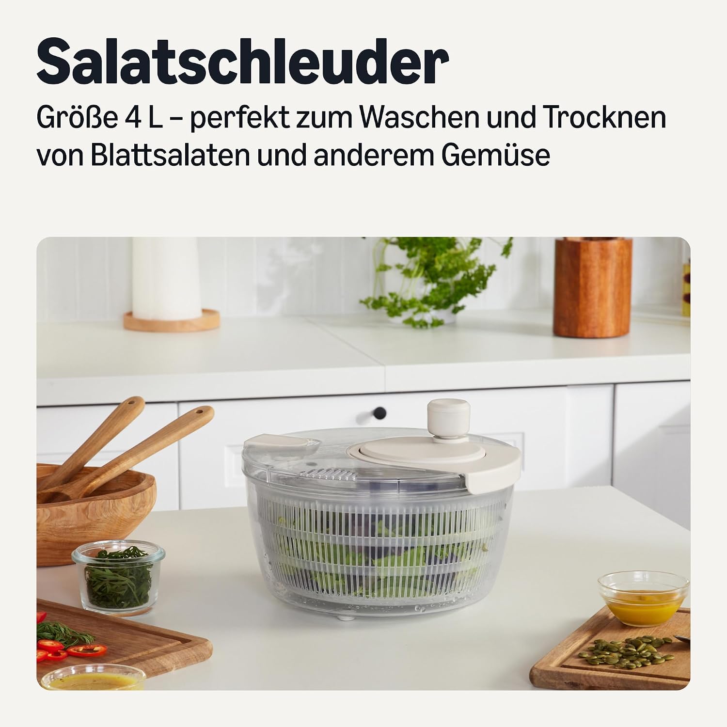 Thumbnail 1 de Amazon Basics Salatschleuder 4L BPA-frei, Leinengrau – zuverlässig für Waschen und Trocknen von Blattgemüse