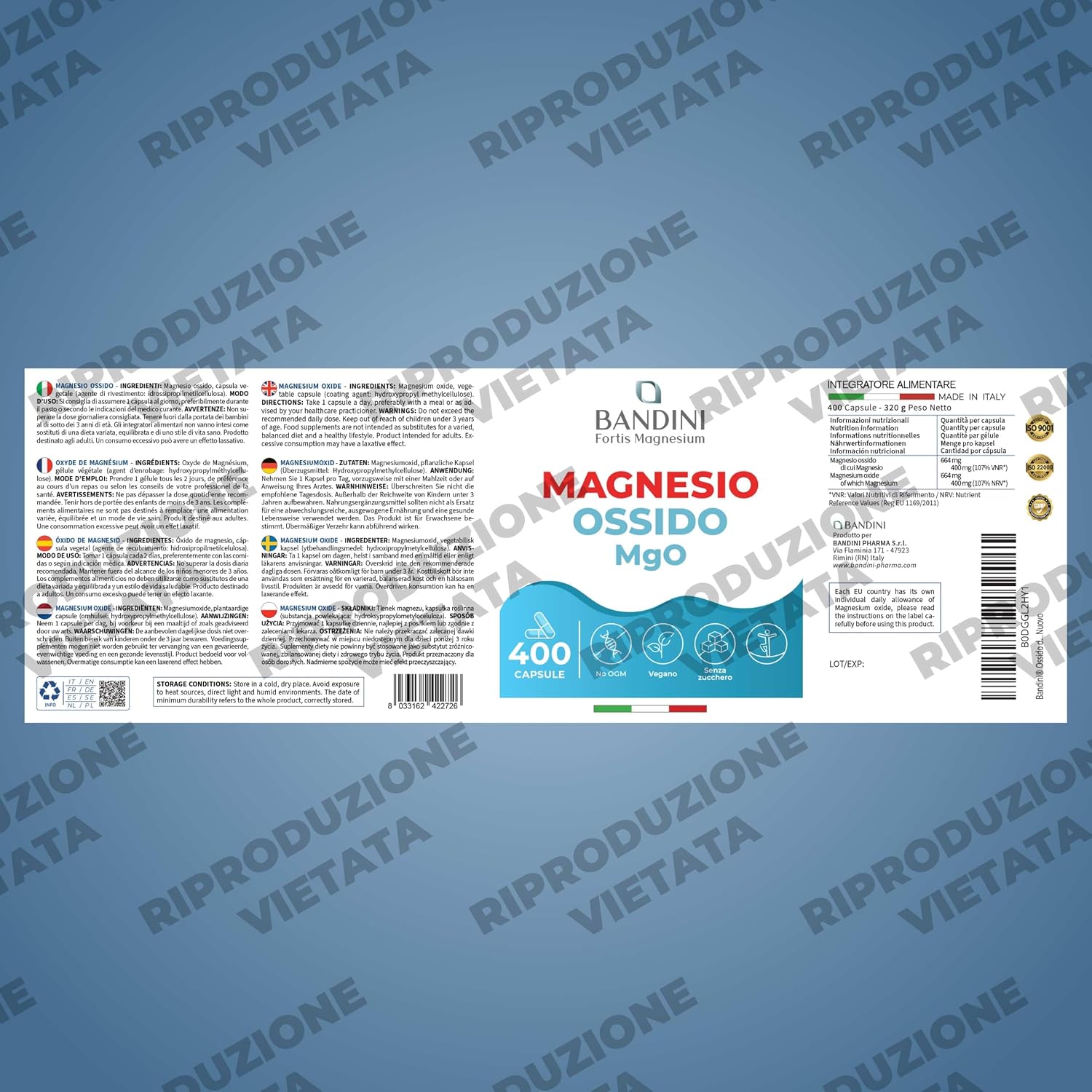 Detalle 1 de Bandini Magnesiumoxide, 400 capsules met 400 mg elementair magnesium, vegan