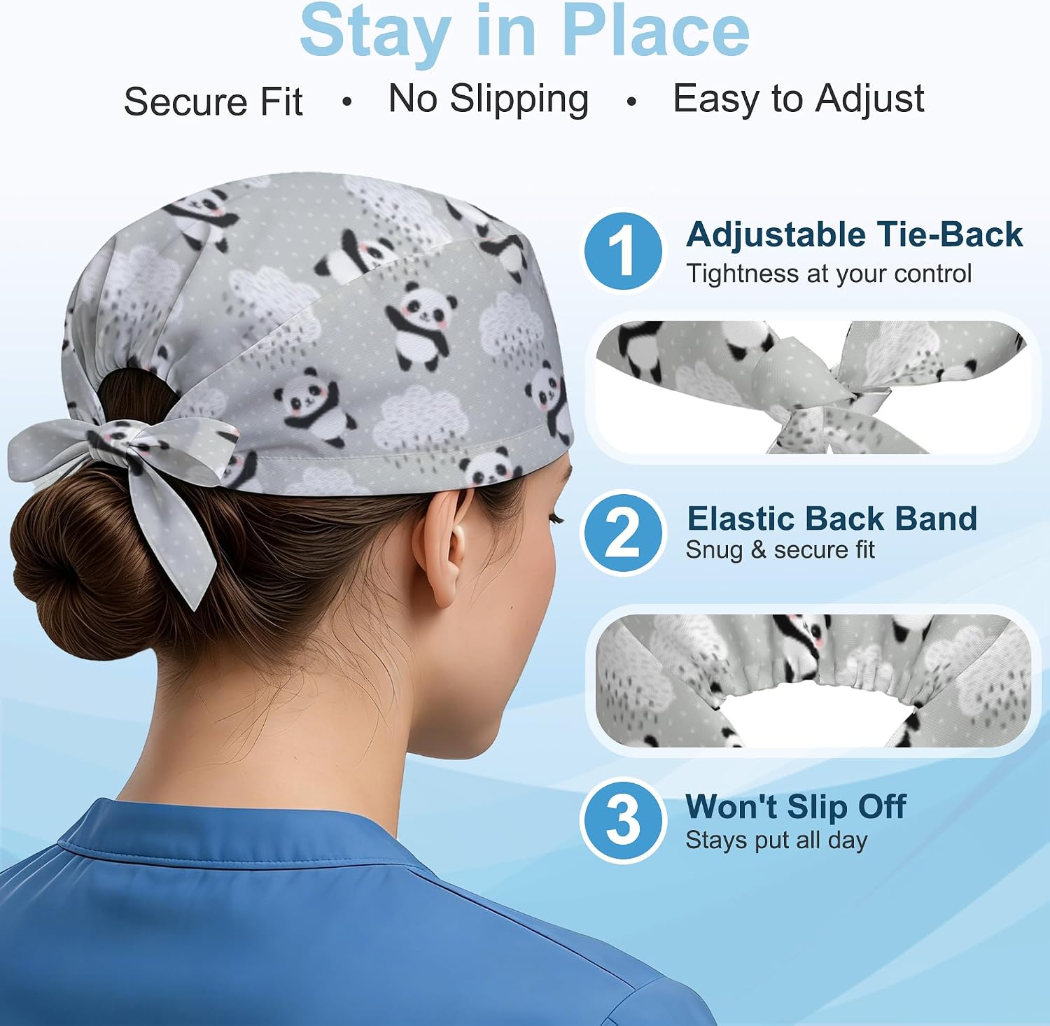 Detalle de OHEGBXE Adjustable Polyester Scrub Cap with Sweatband and Tie-Back Fit