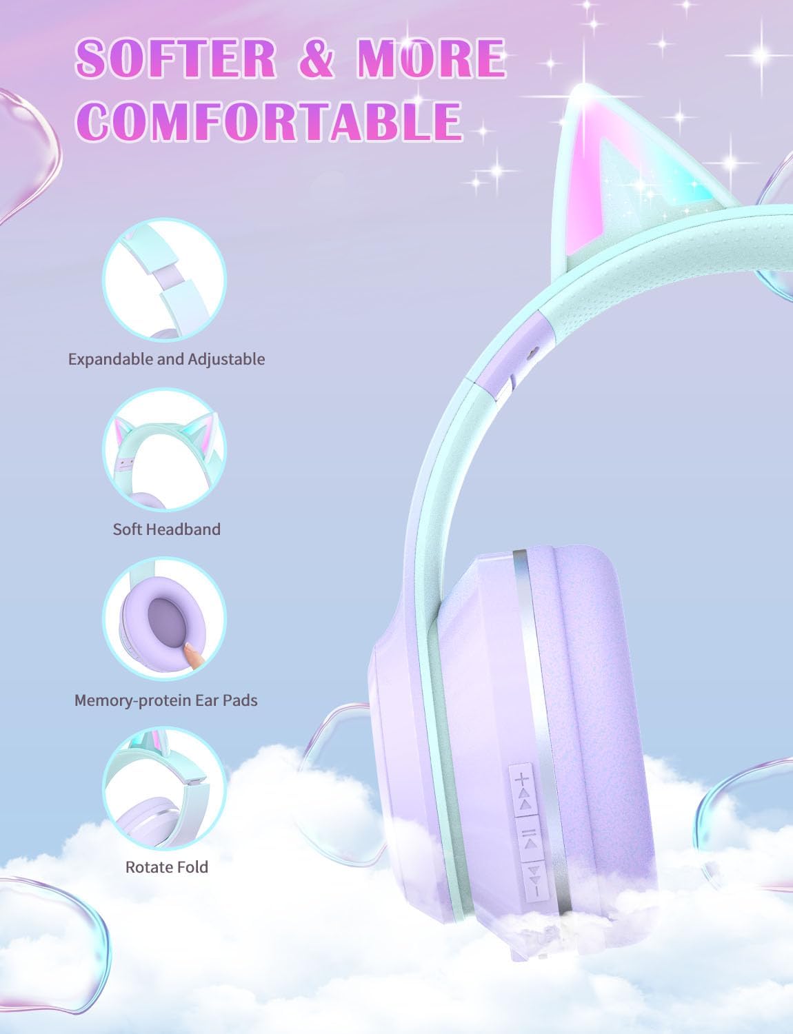 Thumbnail 3 de Cat Ear LED Light Up Kids Headphones Bluetooth 5.1, Foldable
