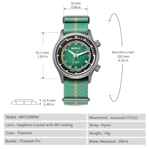 Thumbnail 5 de BERNY Automatic Diving Watch for Men with ST1612 Movement