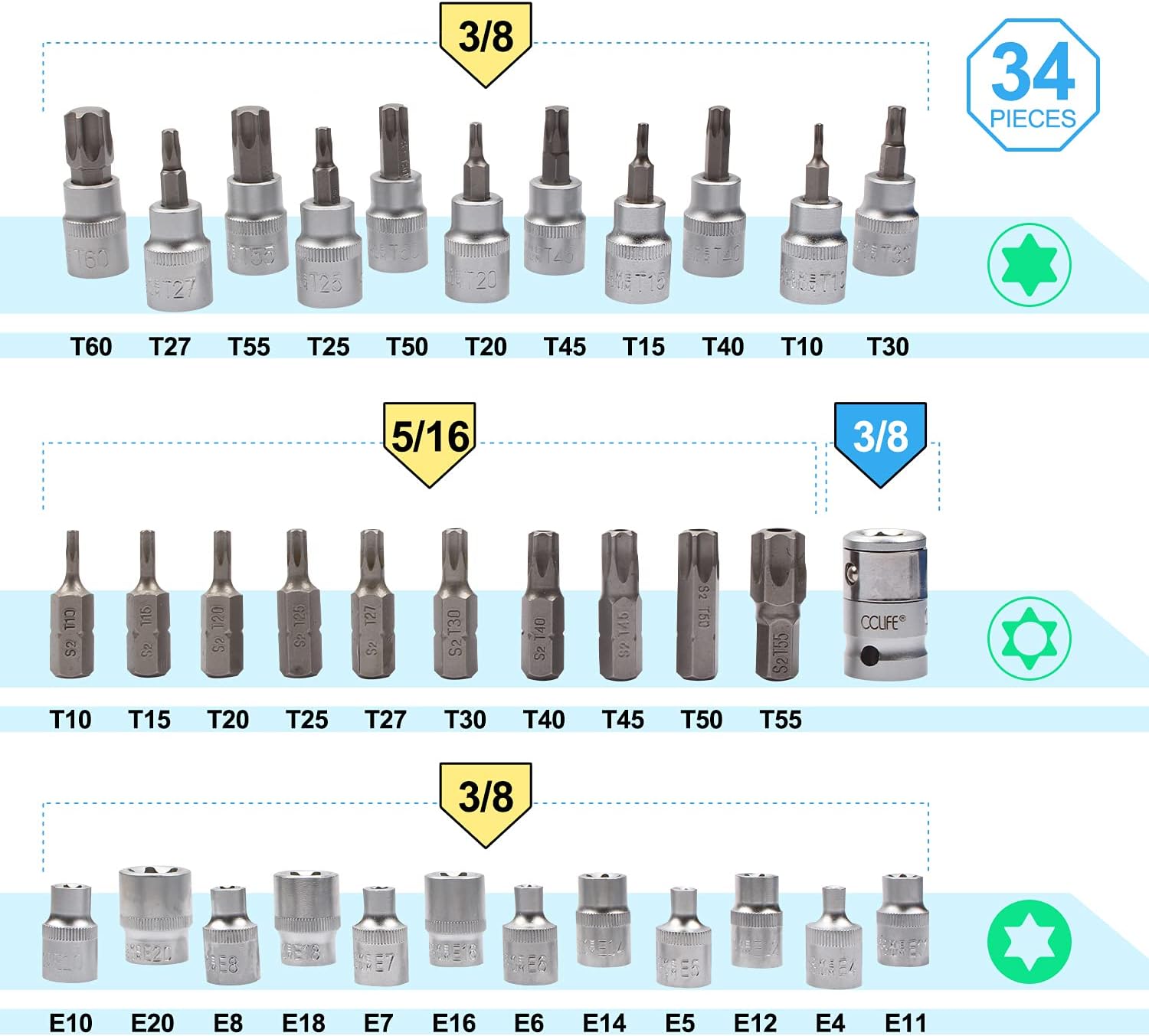Detalle 2 de CCLIFE 34 pièces douilles Torx 3/8"