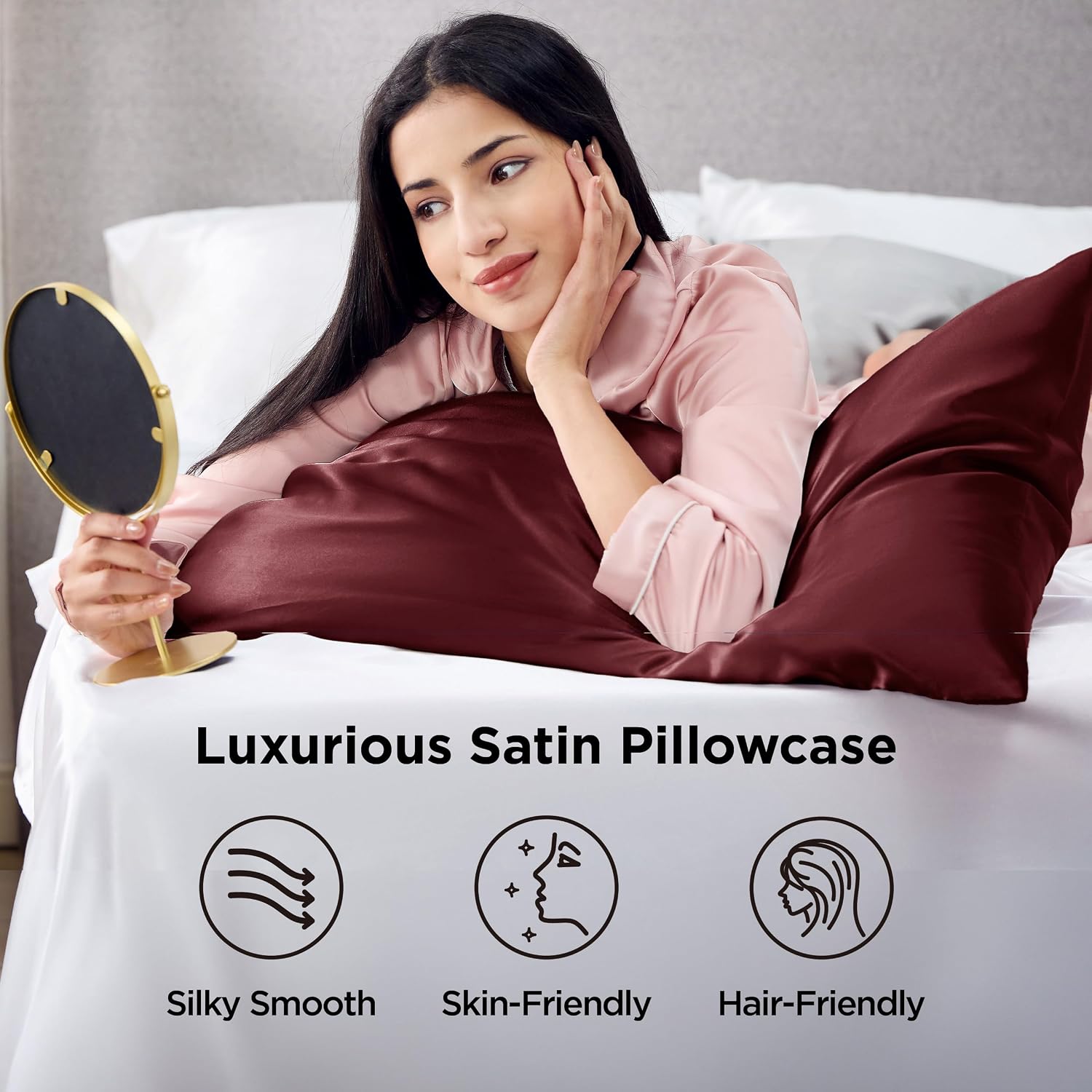 Detalle de Bedsure Pillowcase set-Satin Queen Satin Pillowcases, Set of 2, Burgundy