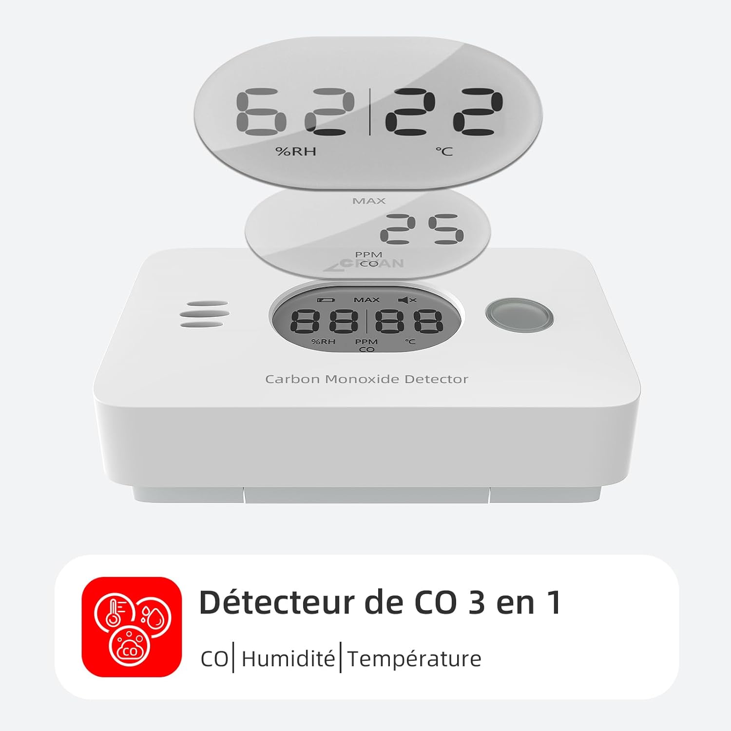 Thumbnail 1 de CPVAN Détecteur de monoxyde de carbone 3 en 1 (CO) avec température et humidité, conforme EN 50291
