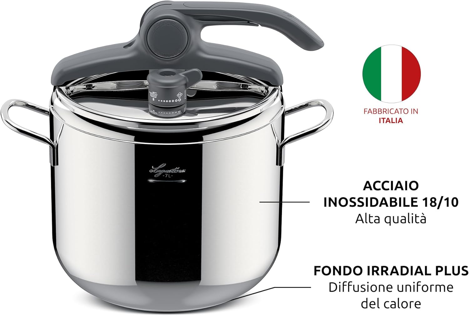 Detalle de Lagostina Irradial Control Pentola a Pressione 7 L in Acciaio Inox 18/10 Ø 22 cm – Induzione e Gas