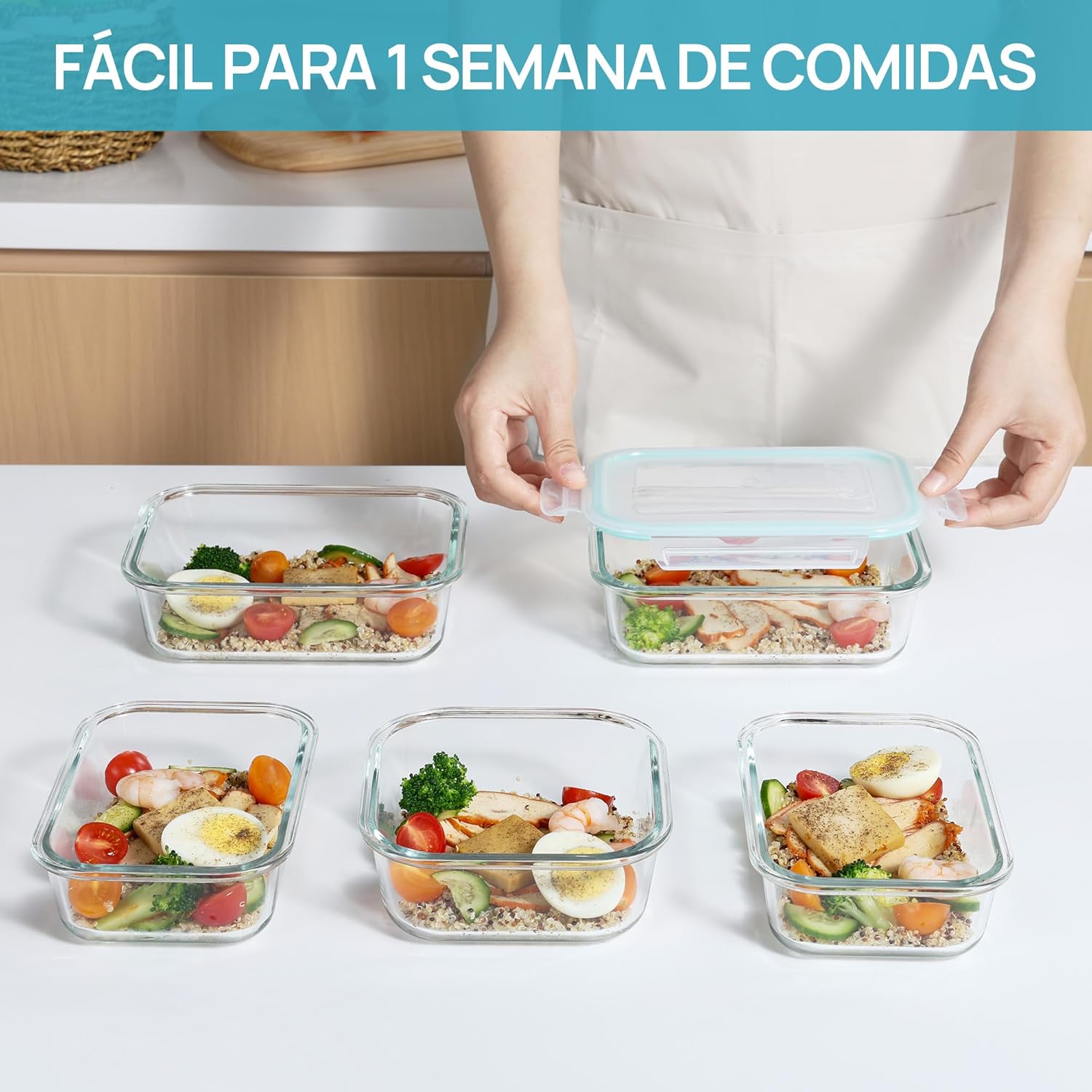 Detalle 1 de Vtopmart set de 8 recipientes de cristal para alimentos (herméticos, apilables y reutilizables)