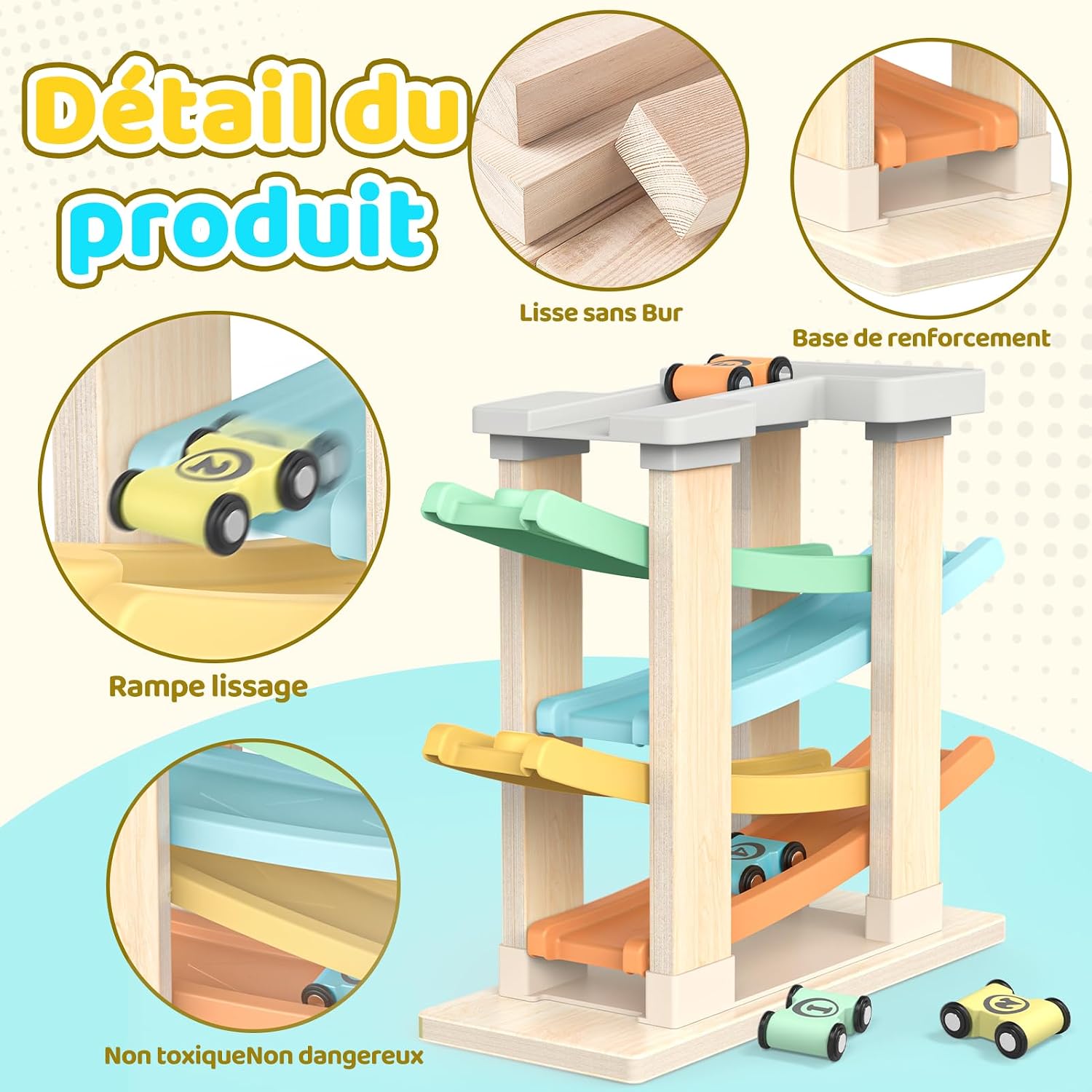 Detalle 2 de Toyzey Jouet Bebe 1 an, Voiture Bebe Jouet en Bois avec 4 Mini Jeux – Montessori et Piste de Voiture