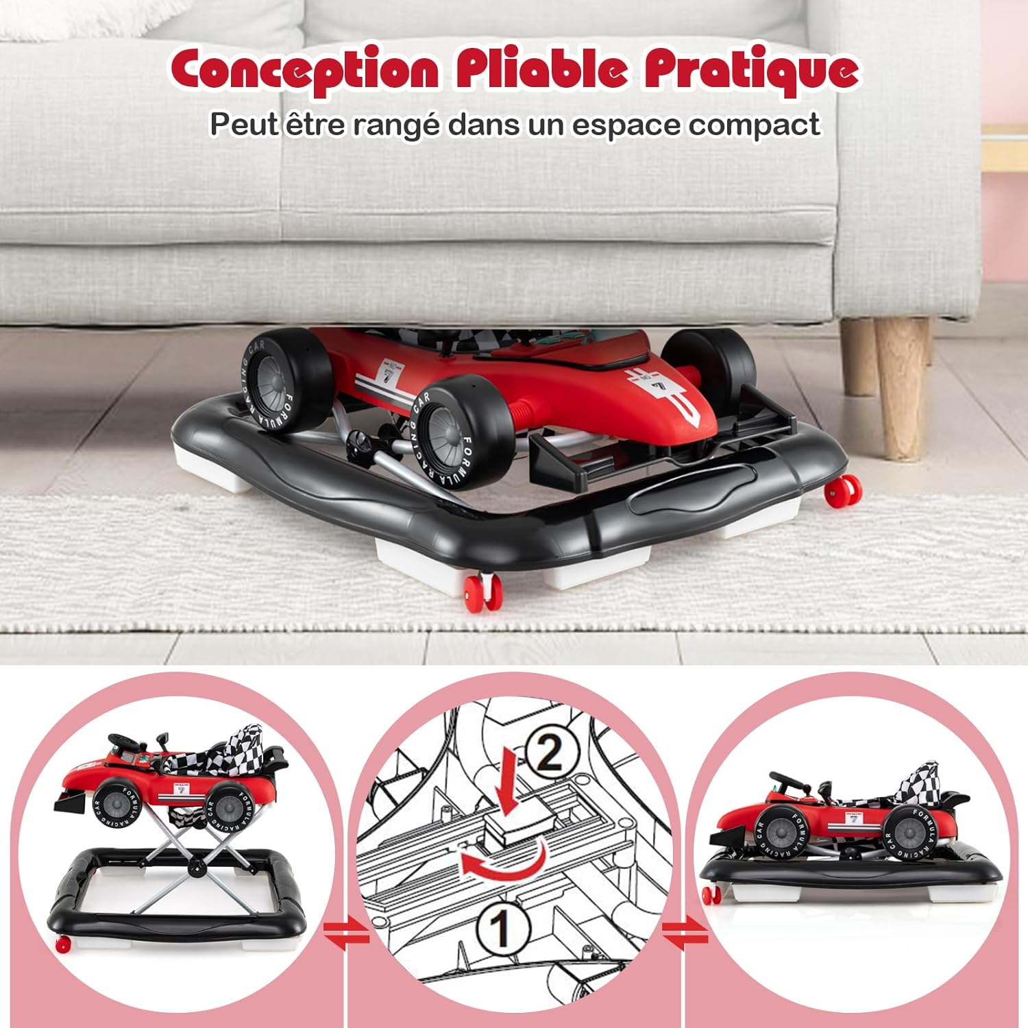 Thumbnail 5 de GOPLUS Trotteur bébé garçon 4 en 1 pliable, 3 hauteurs réglables (rouge) – musique et lumières