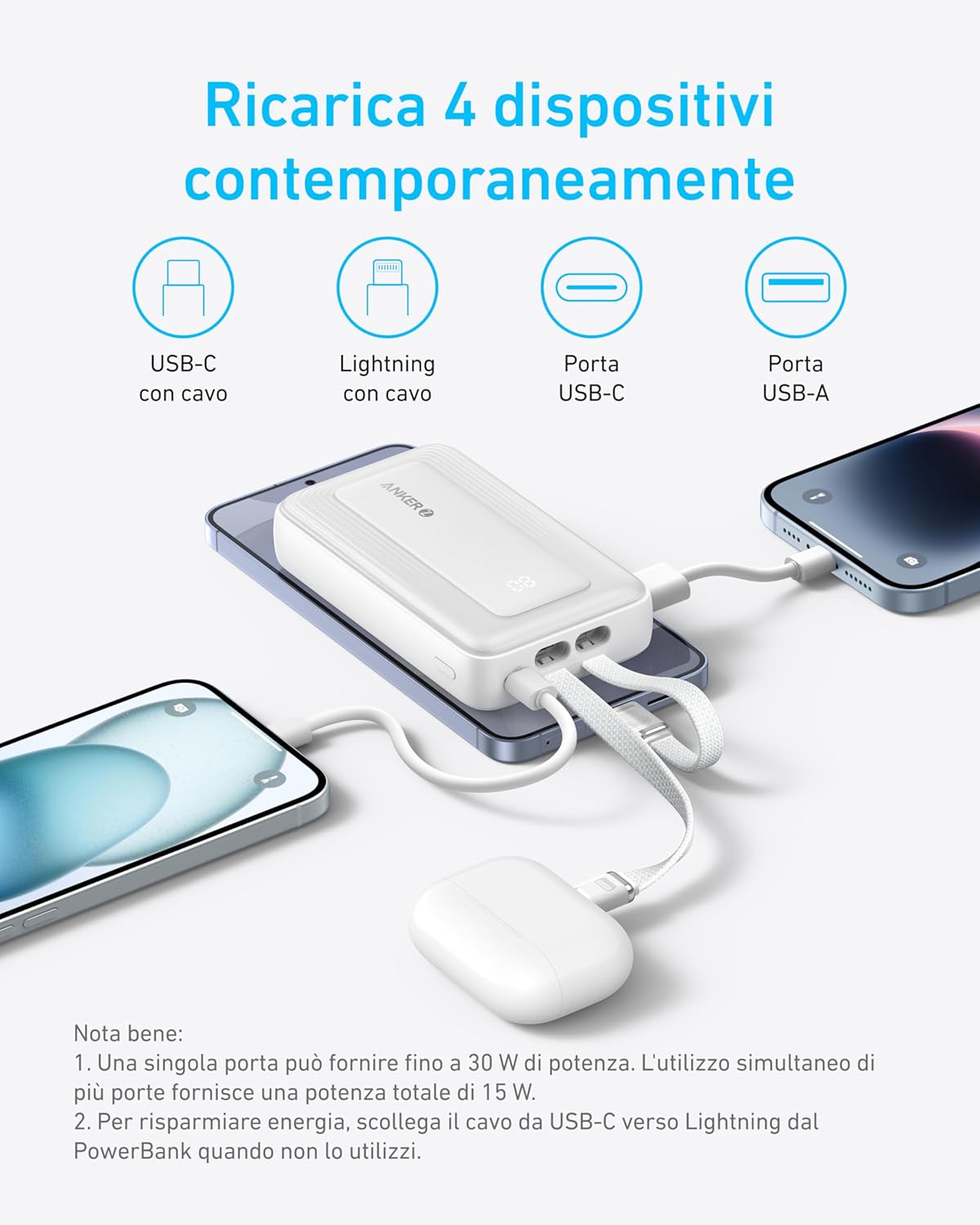 Detalle de Anker Power Bank 10000mAh 30W con cavi integrati Lightning e USB-C certificati MFi